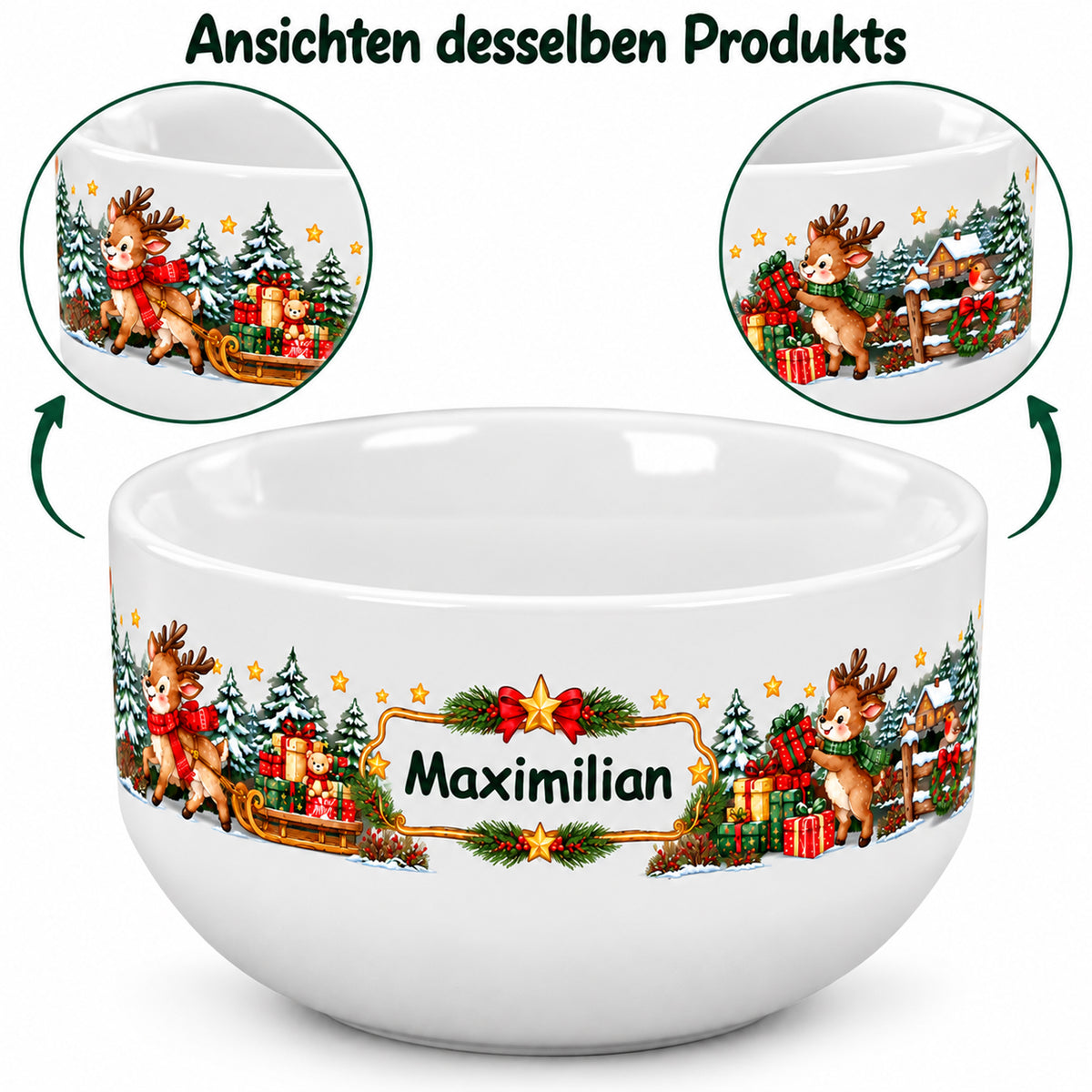 Mehrere Ansichten derselben personalisierten Müslischale mit Rentier-Weihnachtsmotiv.