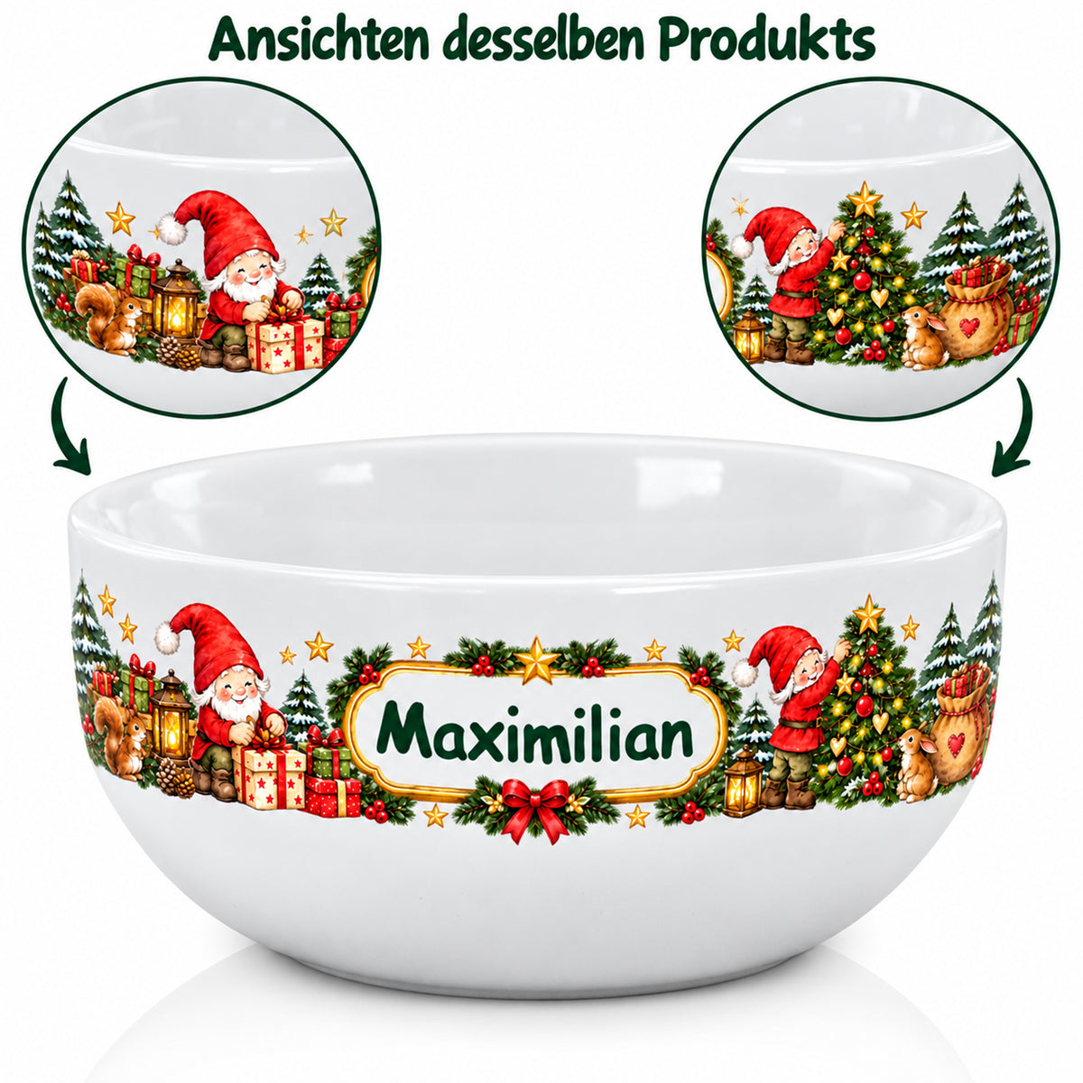 Mehrere Ansichten derselben personalisierten Müslischale mit Wichtel-Weihnachtsmotiv.