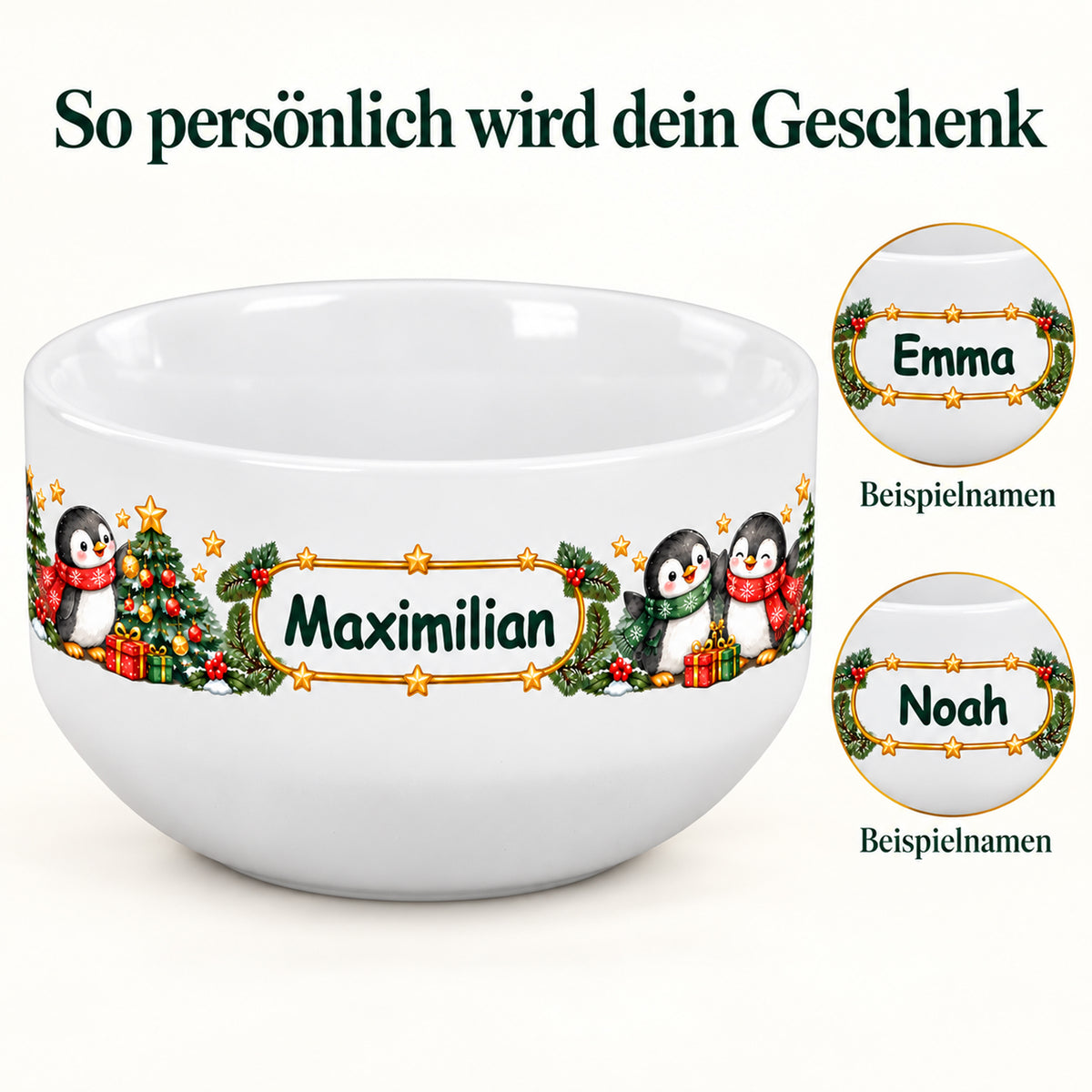 Weiße personalisierte Keramik-Müslischale mit Pinguine-Weihnachtsmotiv mit verschiedenen Wunschnamen zur Darstellung der Personalisierung.