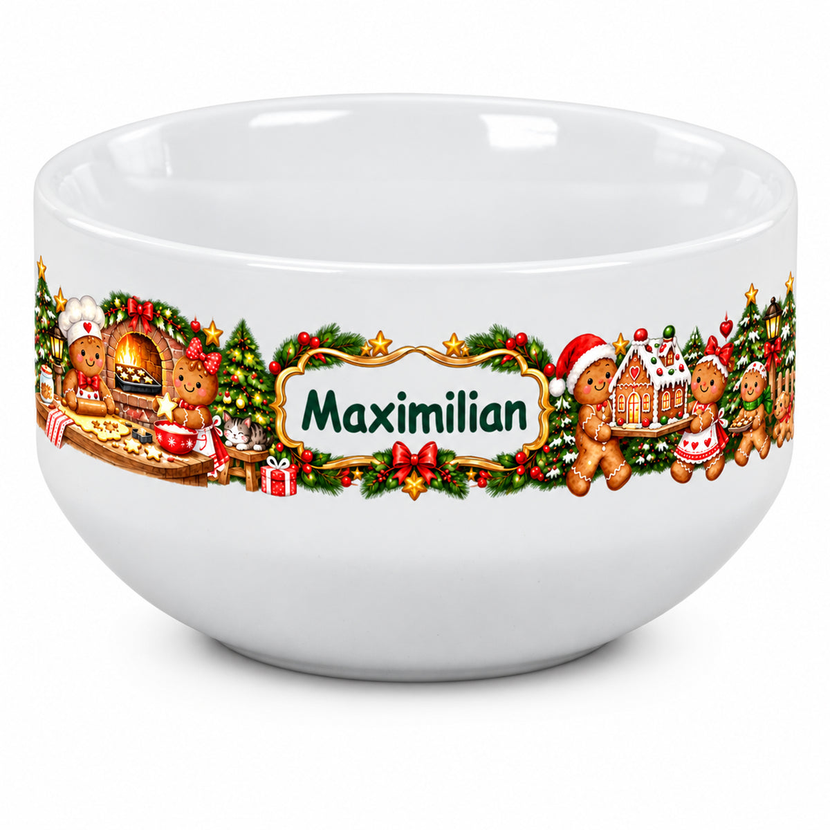 Weiße personalisierte Keramik-Müslischale mit Lebkuchenbäckerei-Weihnachtsmotiv und Wunschname als freigestellte Produktansicht auf weißem Hintergrund.