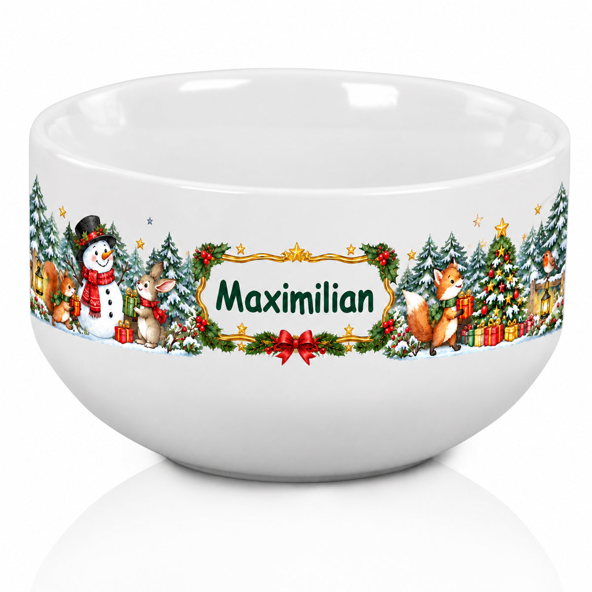 Weiße personalisierte Keramik-Müslischale mit Schneemann-Weihnachtsmotiv und Wunschname als freigestellte Produktansicht auf weißem Hintergrund.