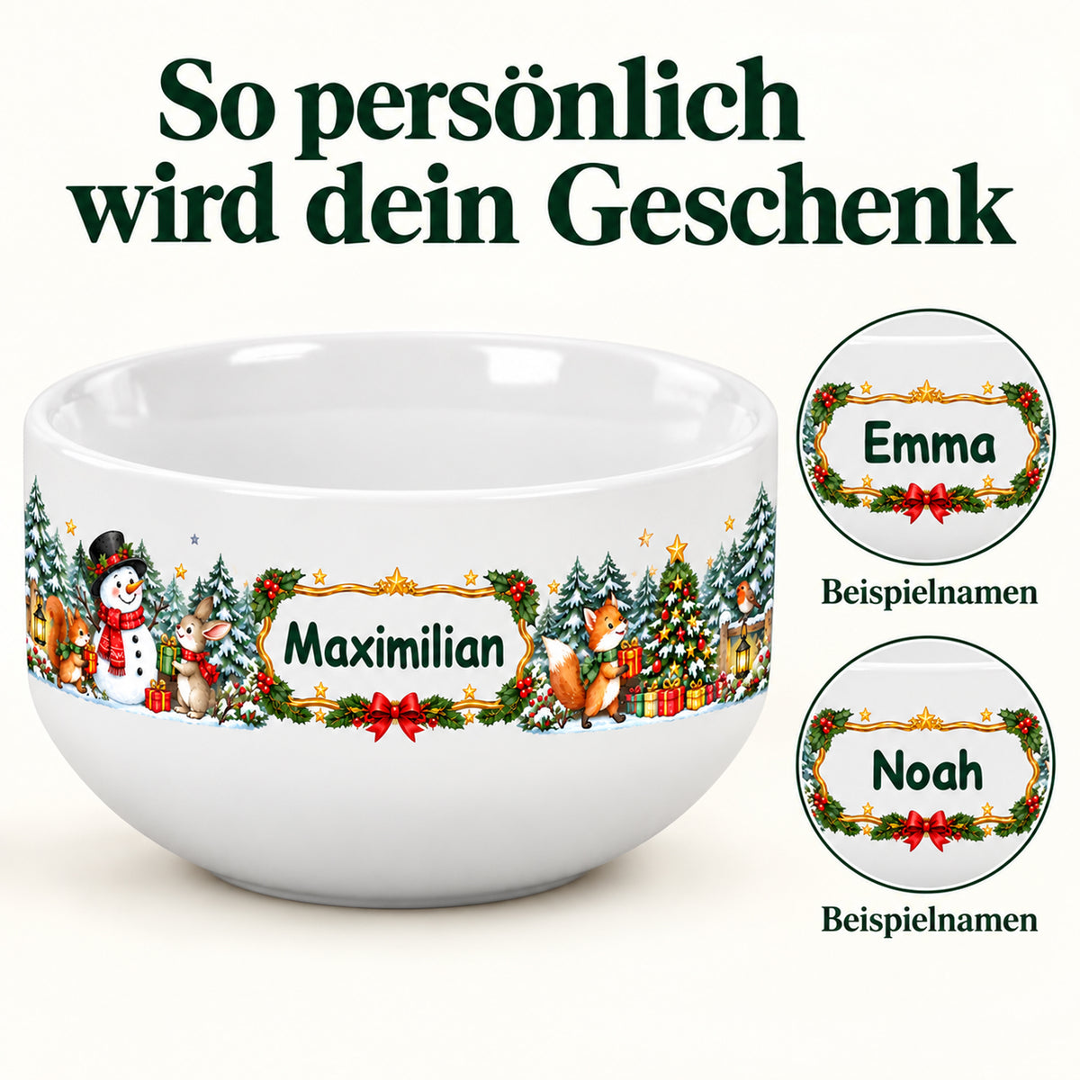 Weiße personalisierte Keramik-Müslischale mit Schneemann-Weihnachtsmotiv mit verschiedenen Wunschnamen zur Darstellung der Personalisierung.