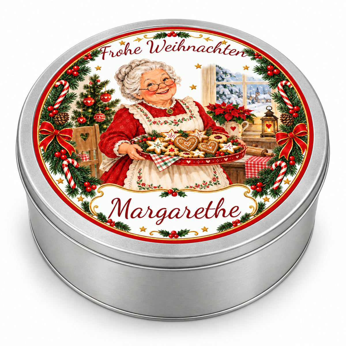 Personalisierte Keksdose mit Weihnachtsoma, Plätzchentablett und Wunschname.