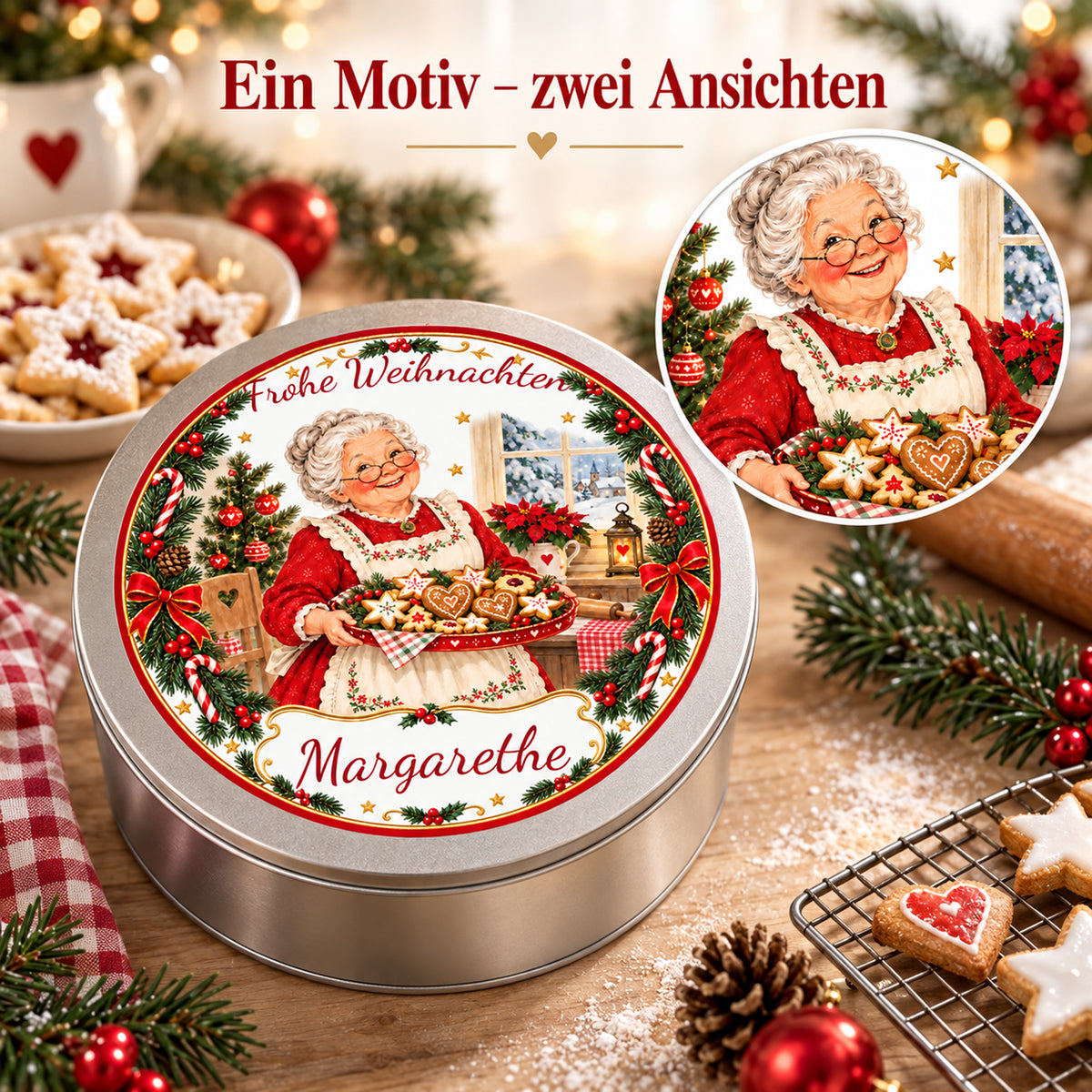 Weihnachtsoma-Keksdose Plätzchentablett mit einem Detailkreis, der das Oma-Motiv vergrößert zeigt.