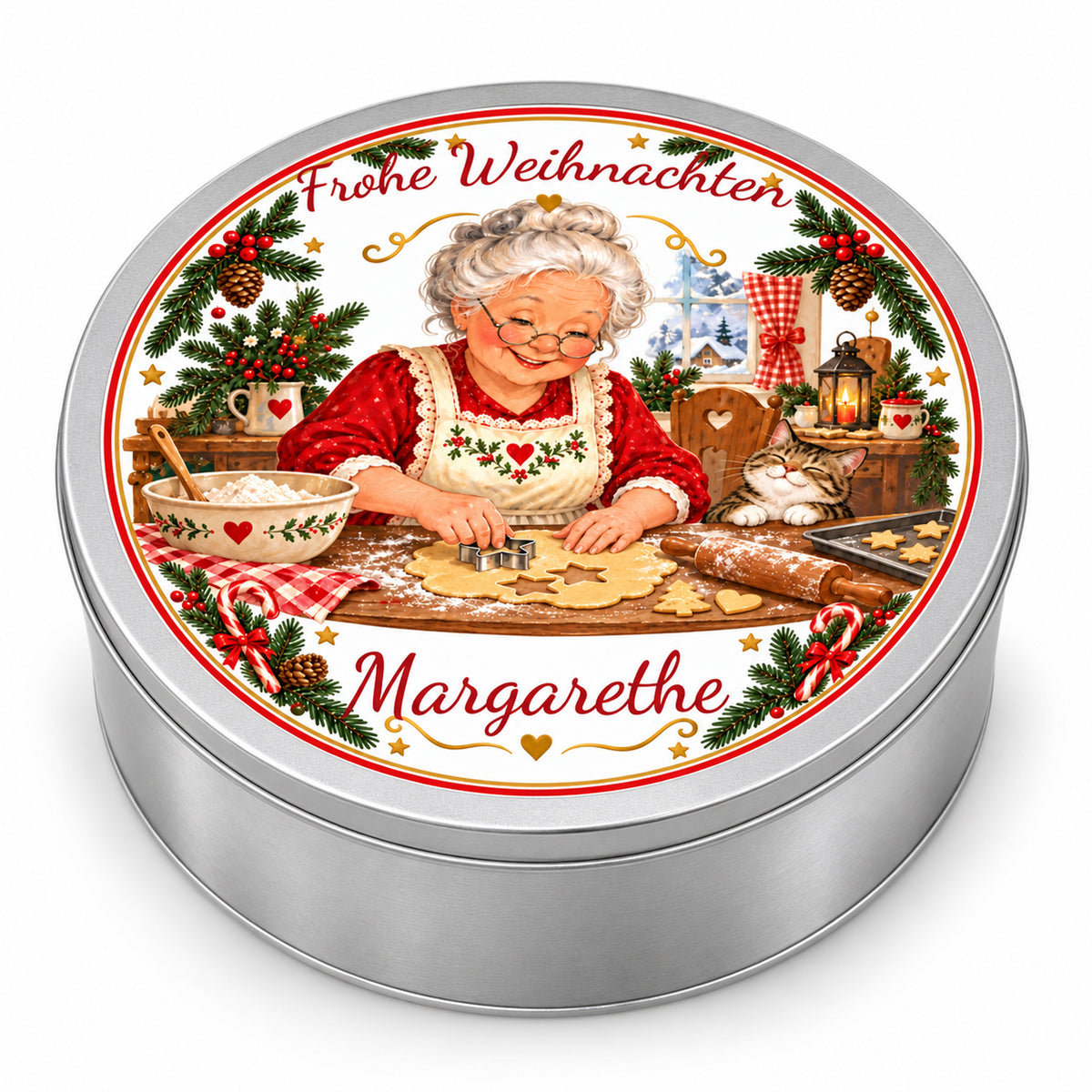 Silberne geschlossene Keksdose mit Weihnachtsoma-Motiv Plätzchen ausstechen, Frohe Weihnachten und Wunschname vor weißem Hintergrund.