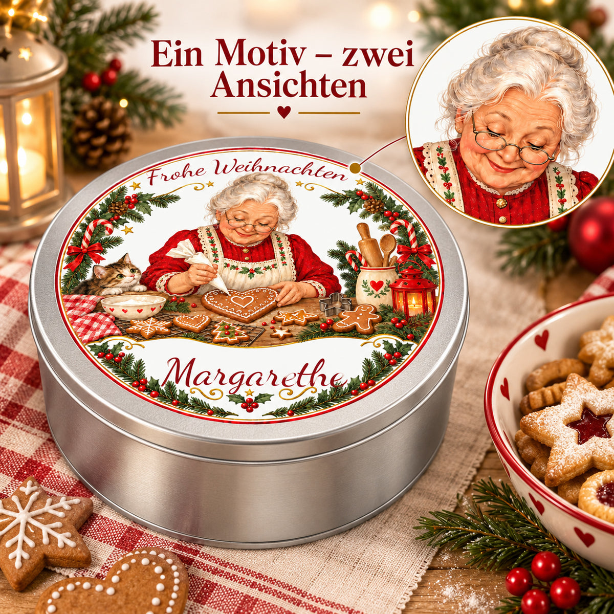Weihnachtsoma-Keksdose Lebkuchen verzieren mit einem Detailkreis, der das Oma-Motiv vergrößert zeigt.
