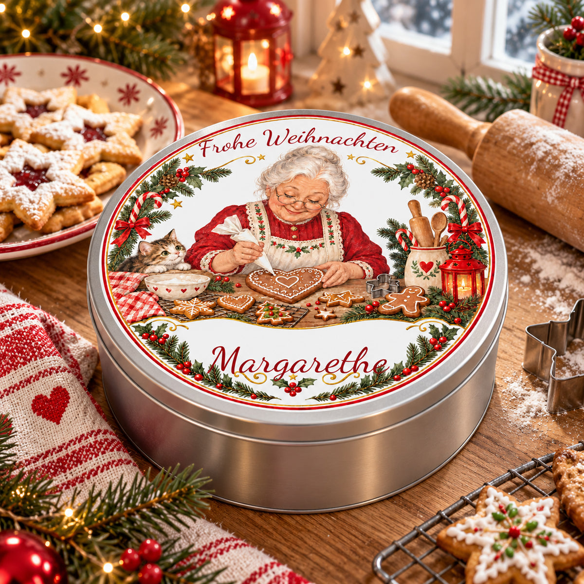 Personalisierte Weihnachtsoma-Keksdose Lebkuchen verzieren in einer Küche.