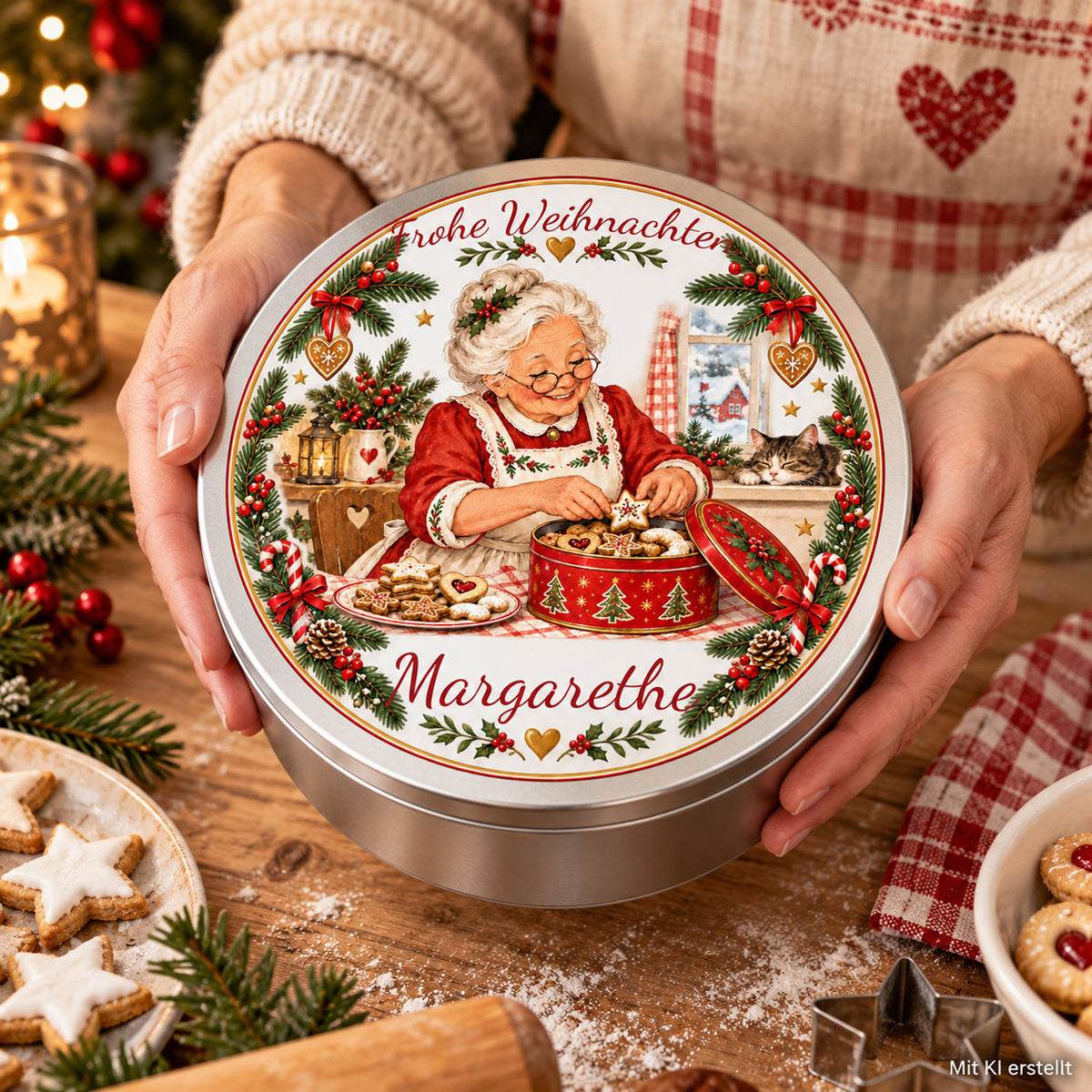 Hände präsentieren die Weihnachtsoma-Keksdose Keksdose füllen und ihren bedruckten Deckel; Bild mit KI erstellt.