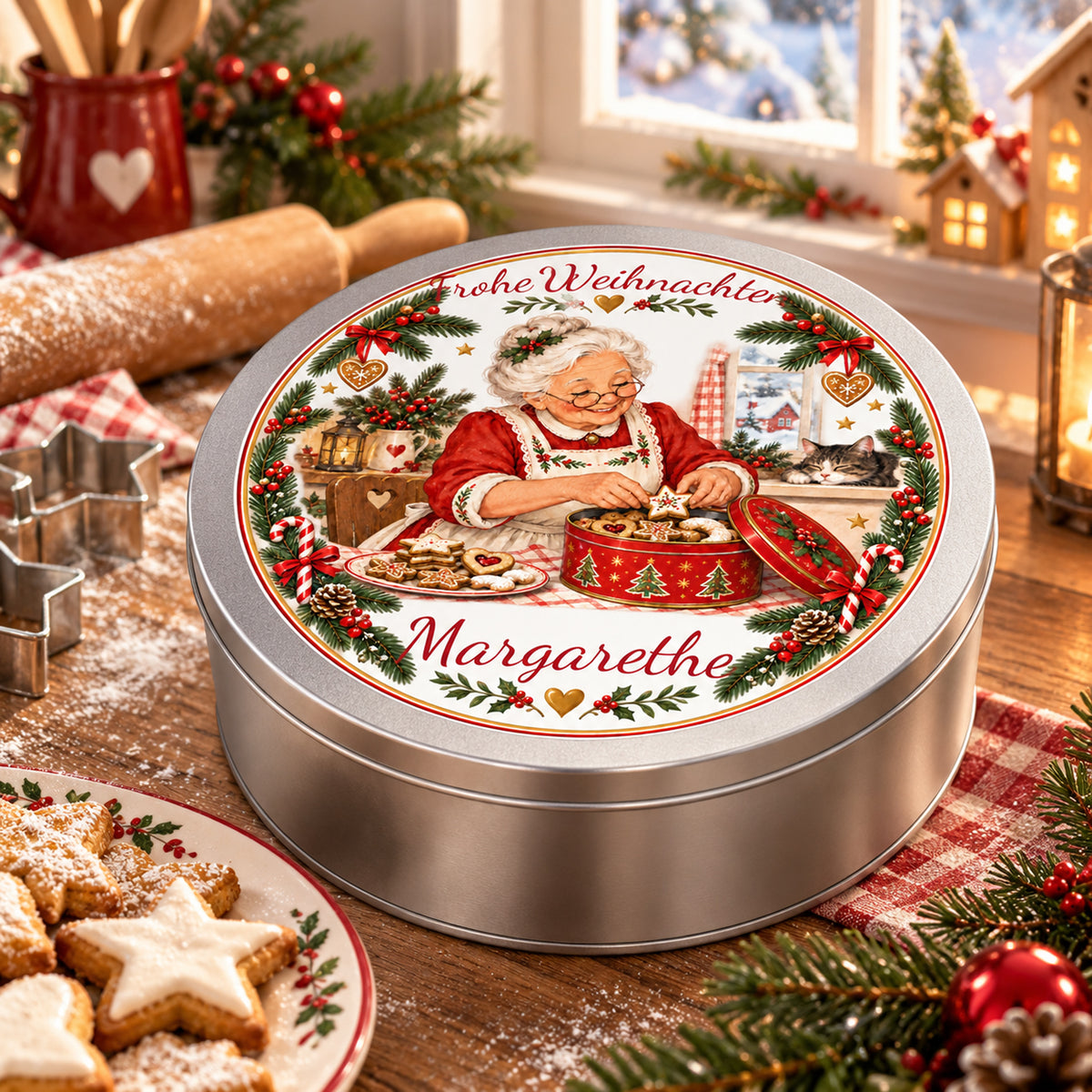 Personalisierte Weihnachtsoma-Keksdose Keksdose füllen in einer Küche.