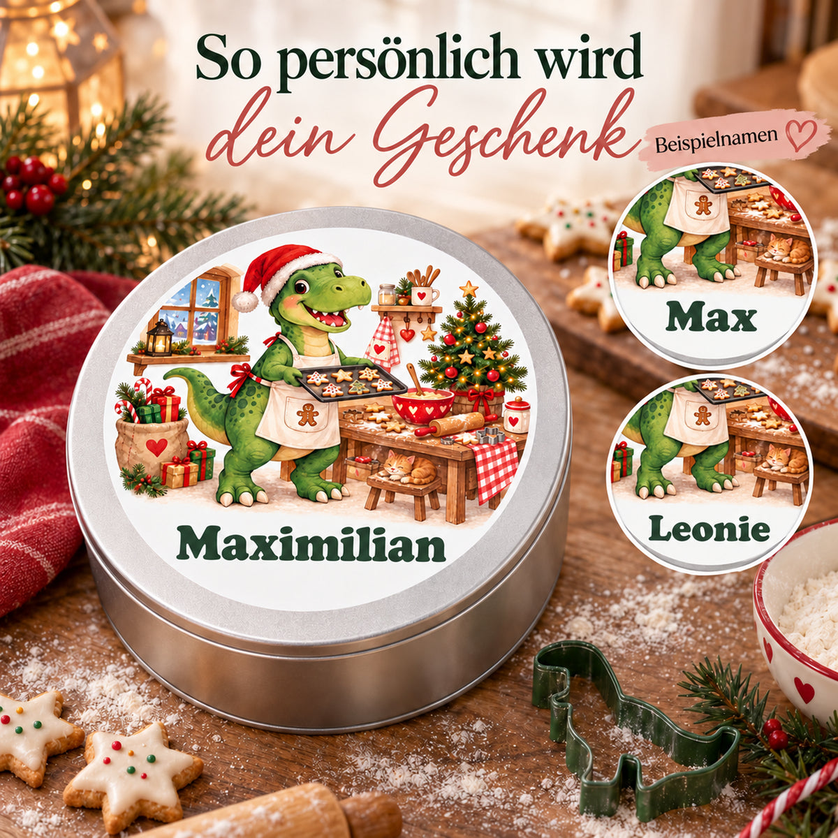 Personalisierte Weihnachtsdino-Keksdose – Weihnachtsbäcker, personalisierung mit drei namensbeispielen