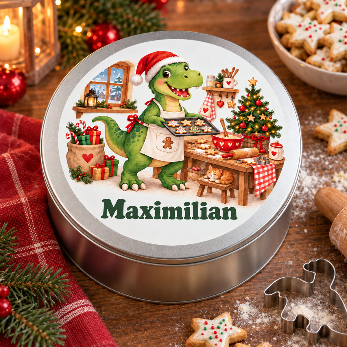 Personalisierte Weihnachtsdino-Keksdose – Weihnachtsbäcker, nahaufnahme von motiv und deckel