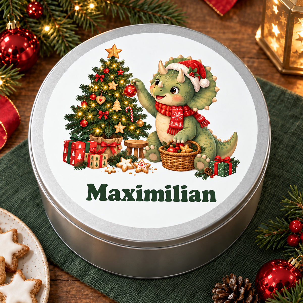 Personalisierte Weihnachtsdino-Keksdose – Baumschmücker, weihnachtliche ansicht von oben