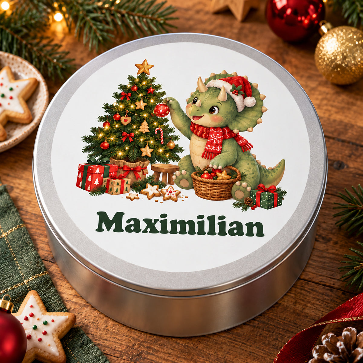 Personalisierte Weihnachtsdino-Keksdose – Baumschmücker, nahaufnahme von motiv und deckel