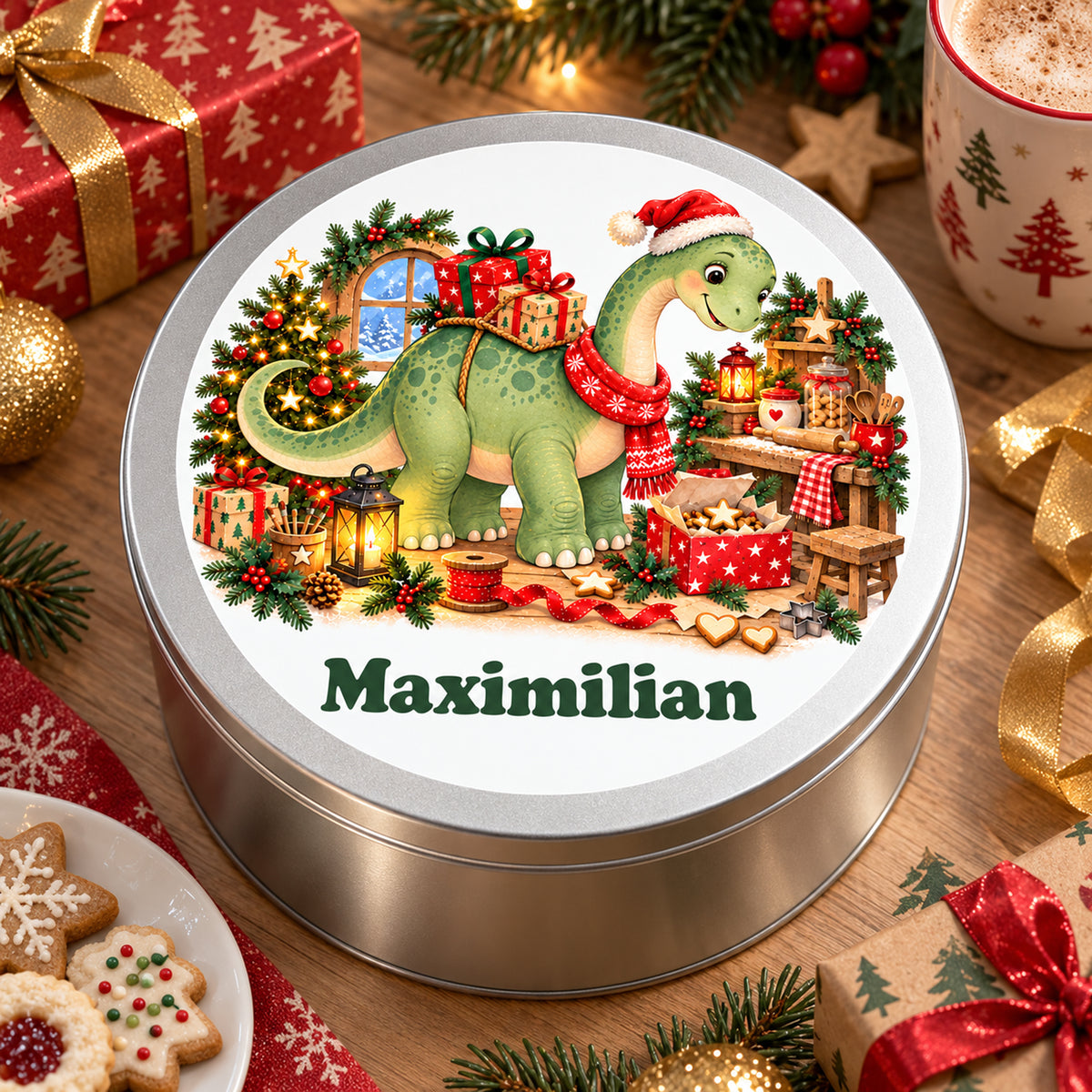 Personalisierte Weihnachtsdino-Keksdose – Geschenke-Langhals, gemütliche szene am weihnachtstisch