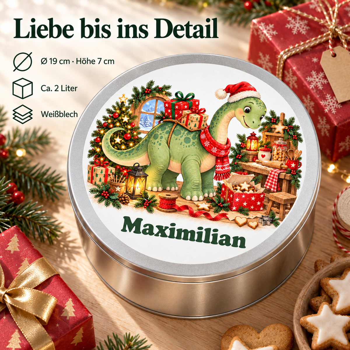 Personalisierte Weihnachtsdino-Keksdose – Geschenke-Langhals, produktdetails mit größenangaben