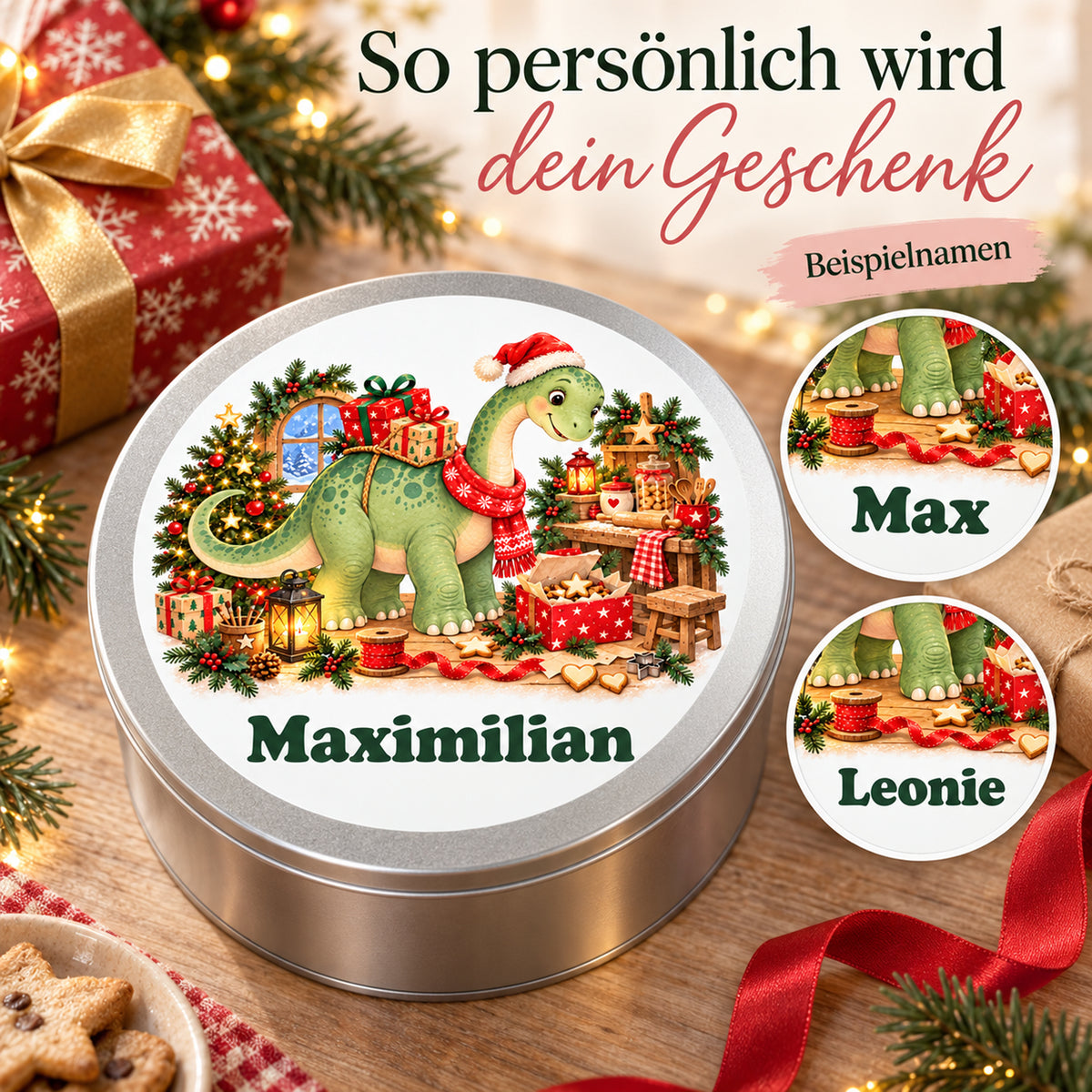 Personalisierte Weihnachtsdino-Keksdose – Geschenke-Langhals, personalisierung mit drei namensbeispielen