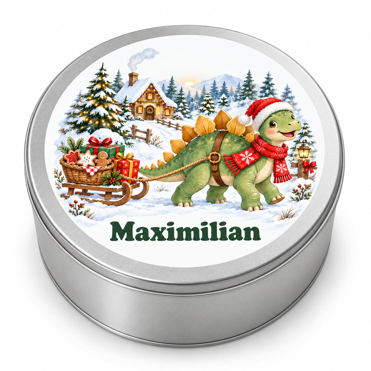 Personalisierte Weihnachtsdino-Keksdose – Keksschlitten, produktansicht vor weißem hintergrund
