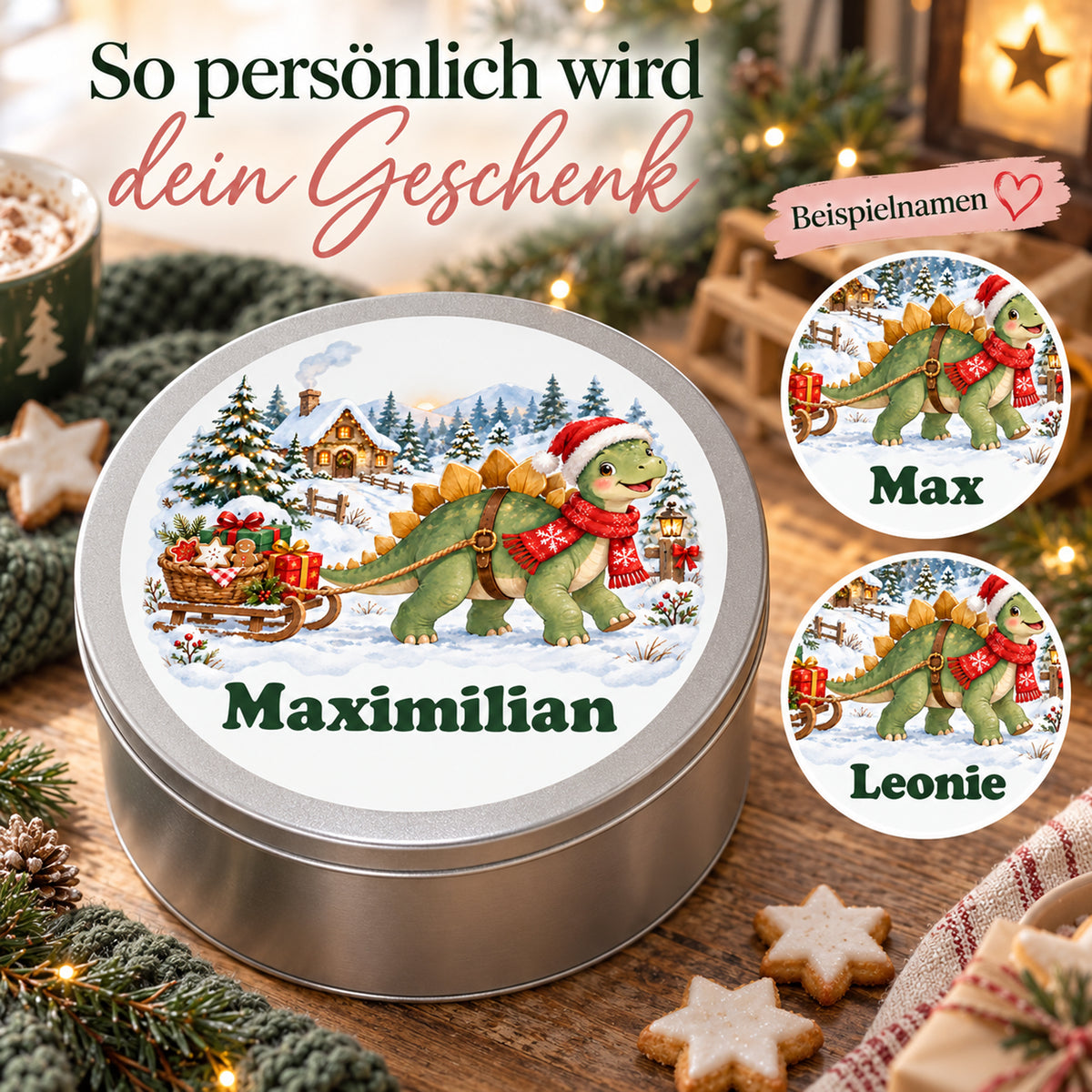 Personalisierte Weihnachtsdino-Keksdose – Keksschlitten, personalisierung mit drei namensbeispielen