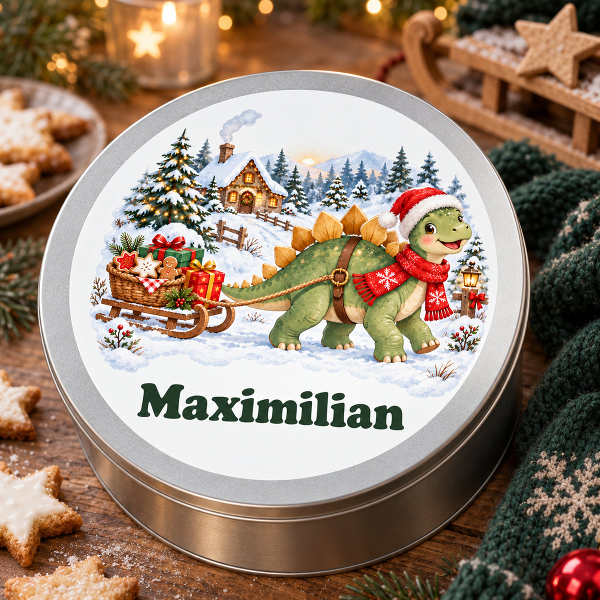 Personalisierte Weihnachtsdino-Keksdose – Keksschlitten, nahaufnahme von motiv und deckel
