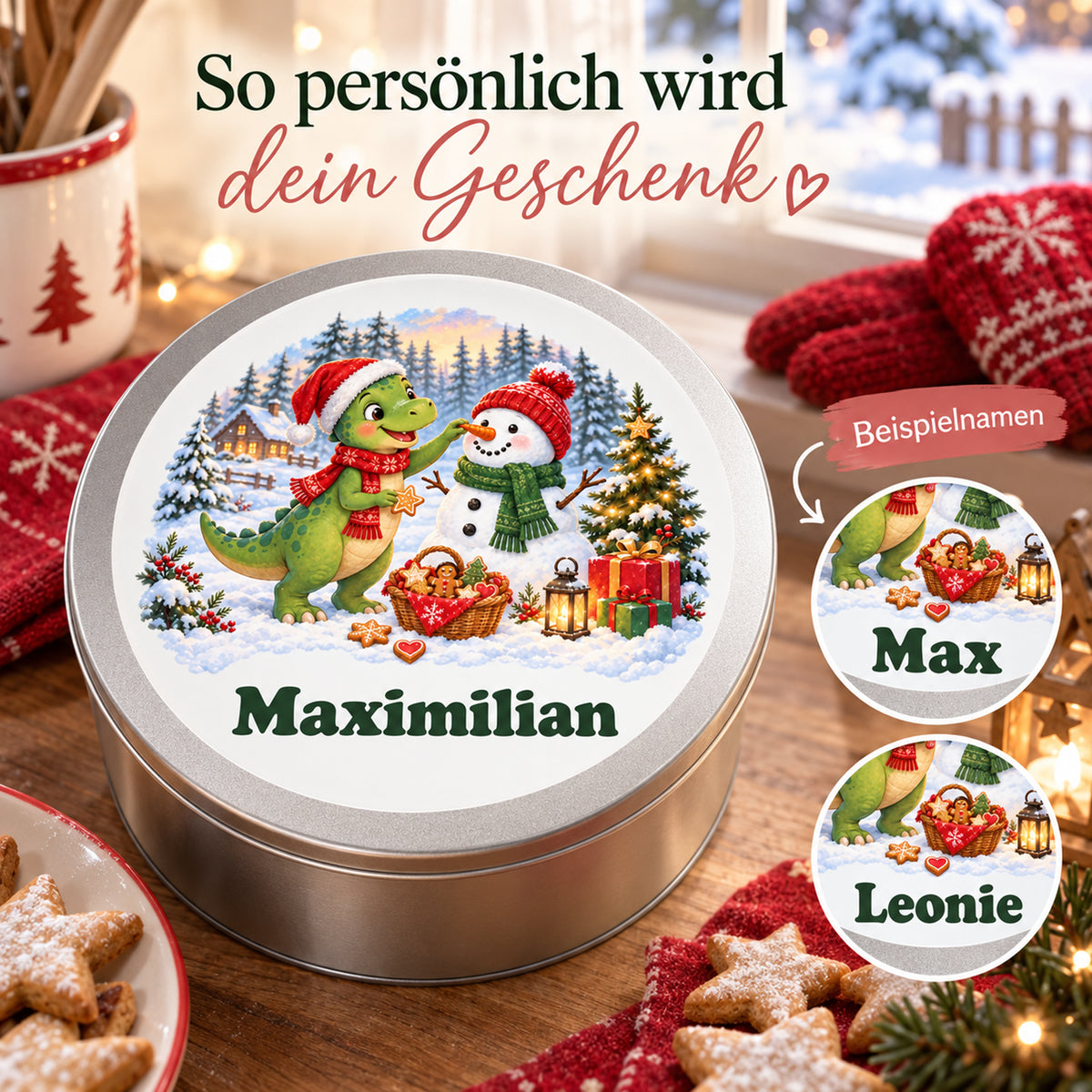 Personalisierte Weihnachtsdino-Keksdose – Dino und Schneemann, personalisierung mit drei namensbeispielen