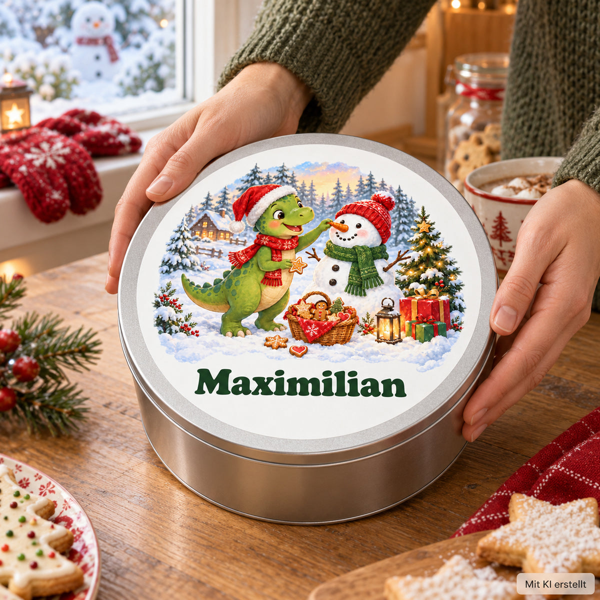 Personalisierte Weihnachtsdino-Keksdose – Dino und Schneemann, dose in händen zur größenorientierung