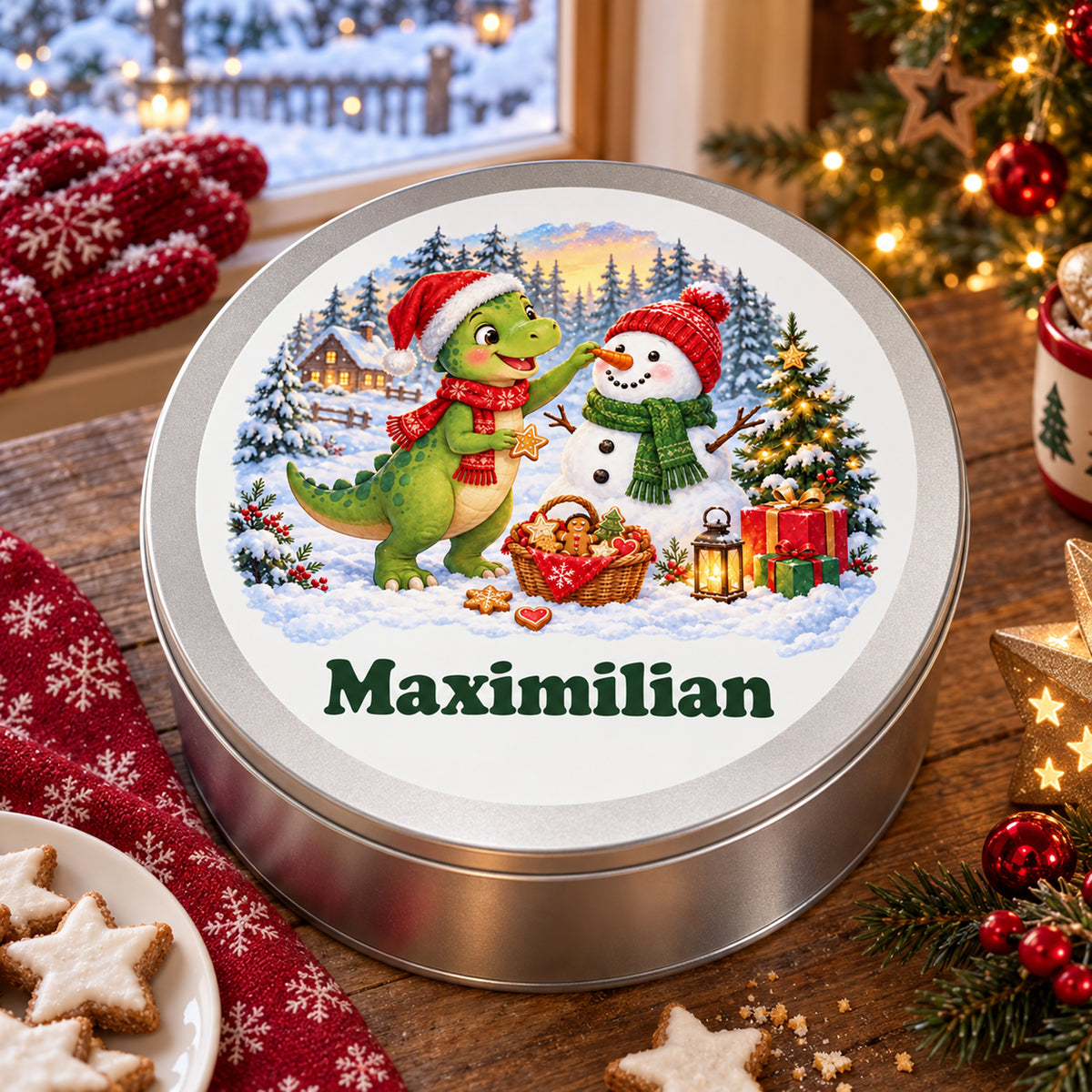 Personalisierte Weihnachtsdino-Keksdose – Dino und Schneemann, weitere weihnachtliche ansicht von oben
