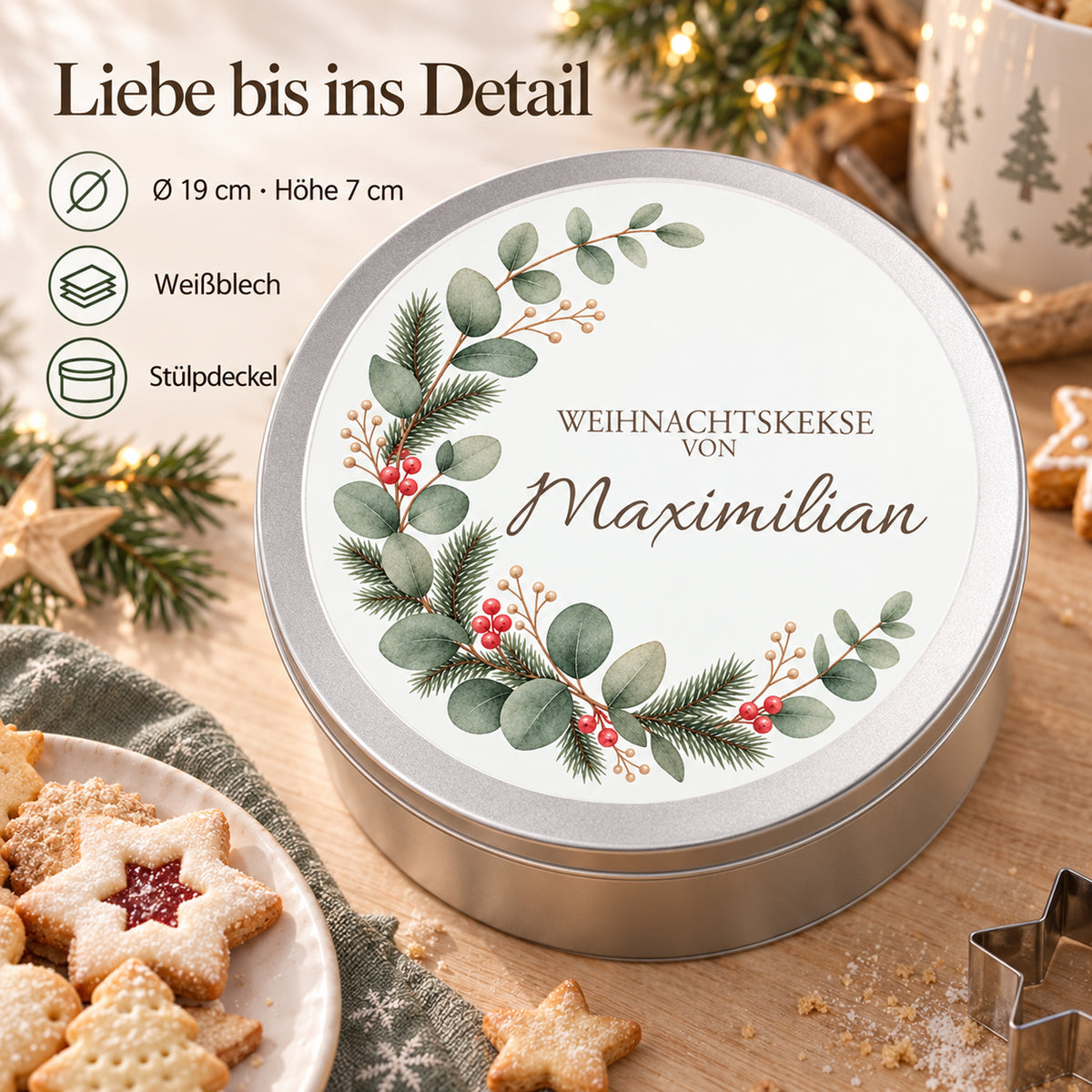 Weihnachtliche Keksdose mit Eukalyptus & Tanne-Motiv und Angaben zu Material, Größe und Deckel
