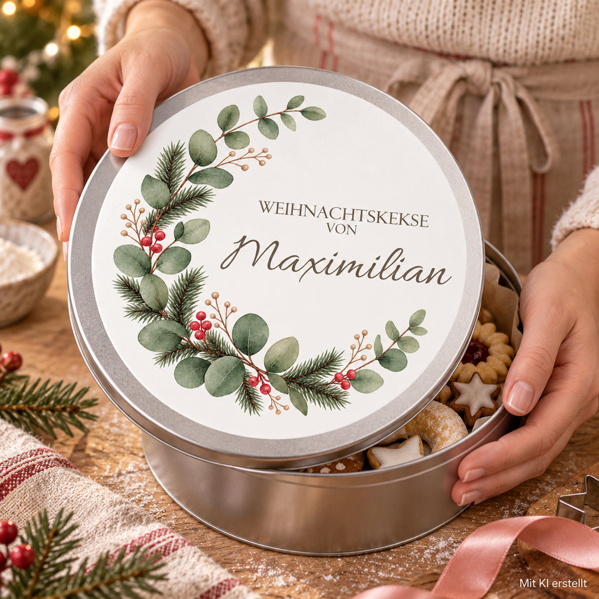 Hände zeigen die personalisierte Keksdose mit Eukalyptus & Tanne-Motiv an einem weihnachtlichen Backtisch