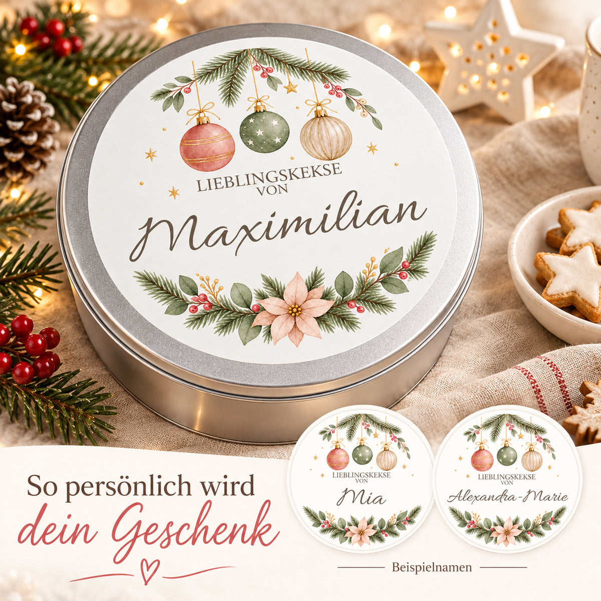 Zarte Weihnachtskugeln-Keksdose mit Wunschname und zwei Details verschiedener Namenslängen