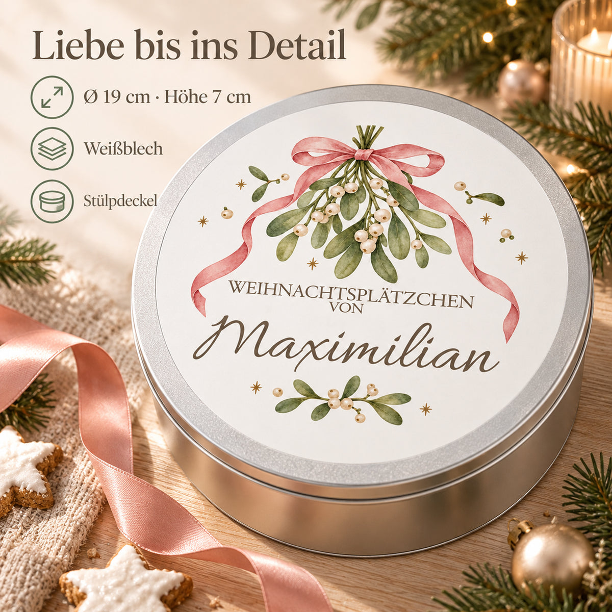 Weihnachtliche Keksdose mit Mistel & Schleife-Motiv und Angaben zu Material, Größe und Deckel