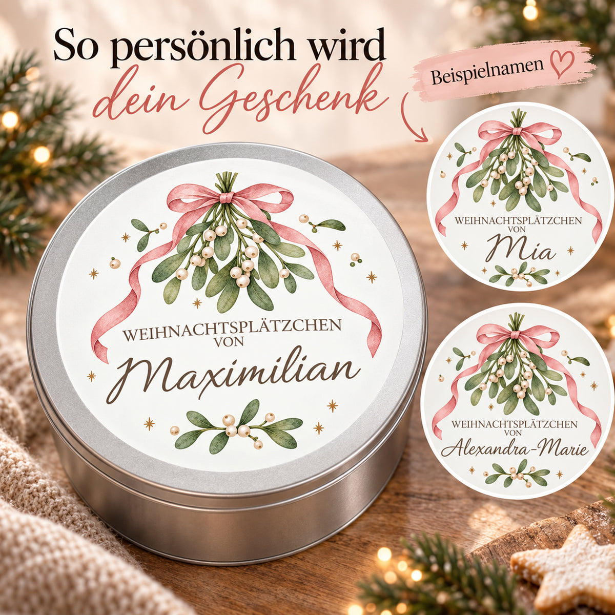 Mistel & Schleife-Keksdose mit Wunschname und zwei Details verschiedener Namenslängen