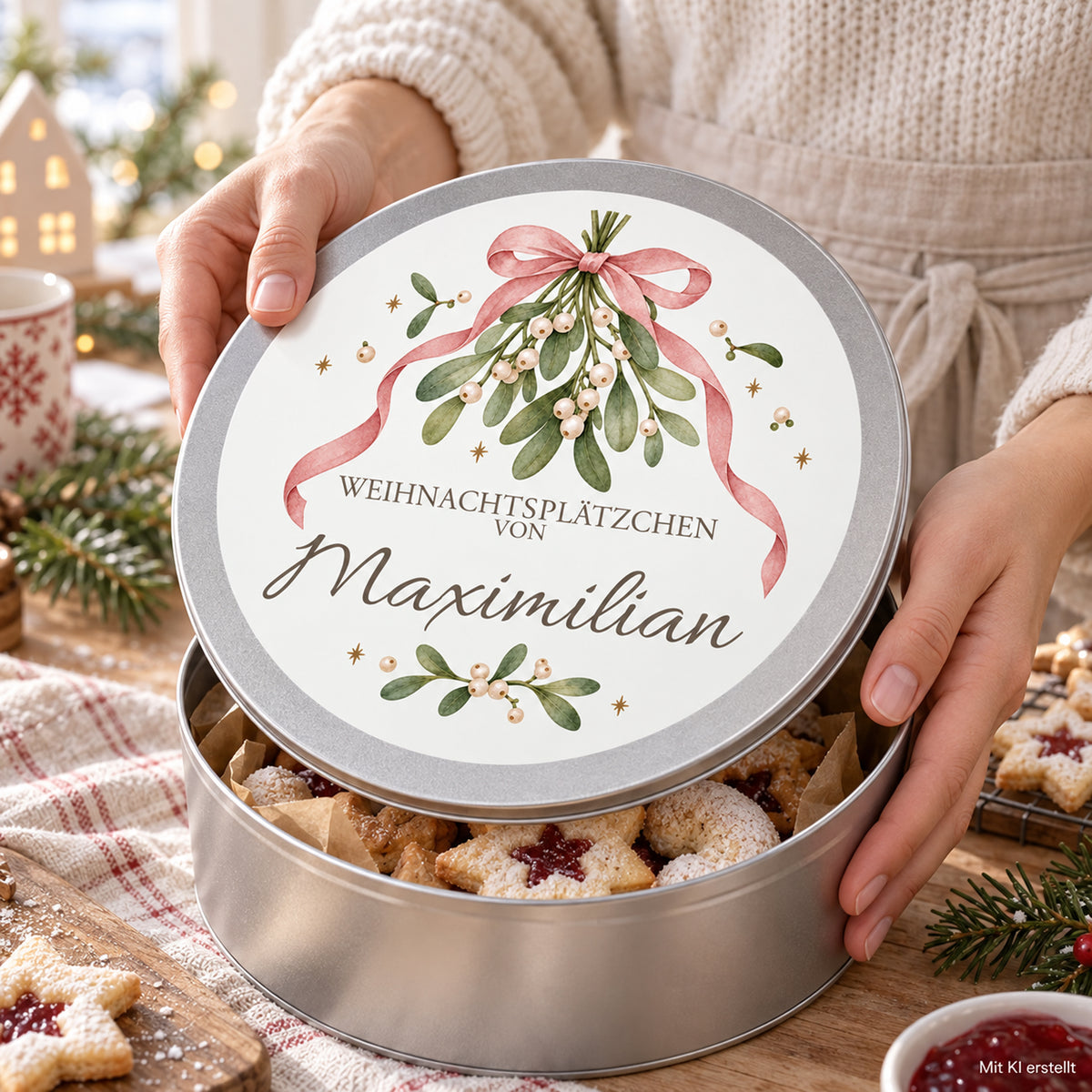 Hände zeigen die personalisierte Keksdose mit Mistel & Schleife-Motiv an einem weihnachtlichen Backtisch