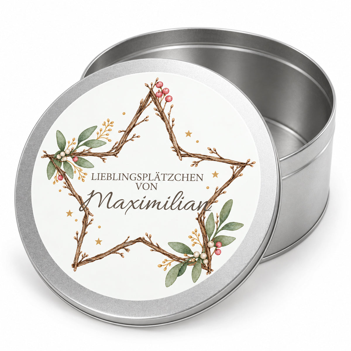 Silberne Keksdose mit Zweigstern-Weihnachtsmotiv, offenem Behälter und personalisiertem Deckel
