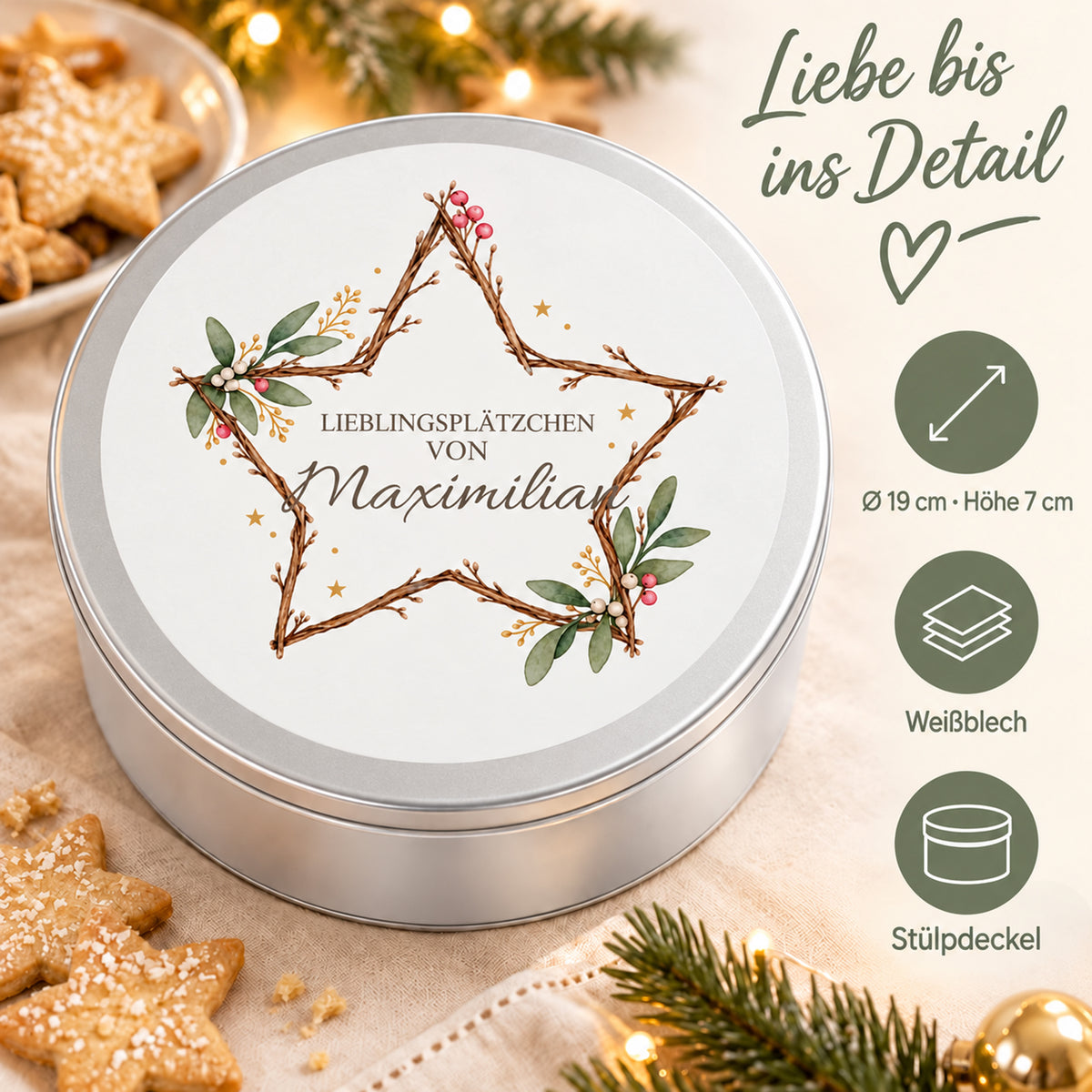 Weihnachtliche Keksdose mit Zweigstern-Motiv und Angaben zu Material, Größe und Deckel