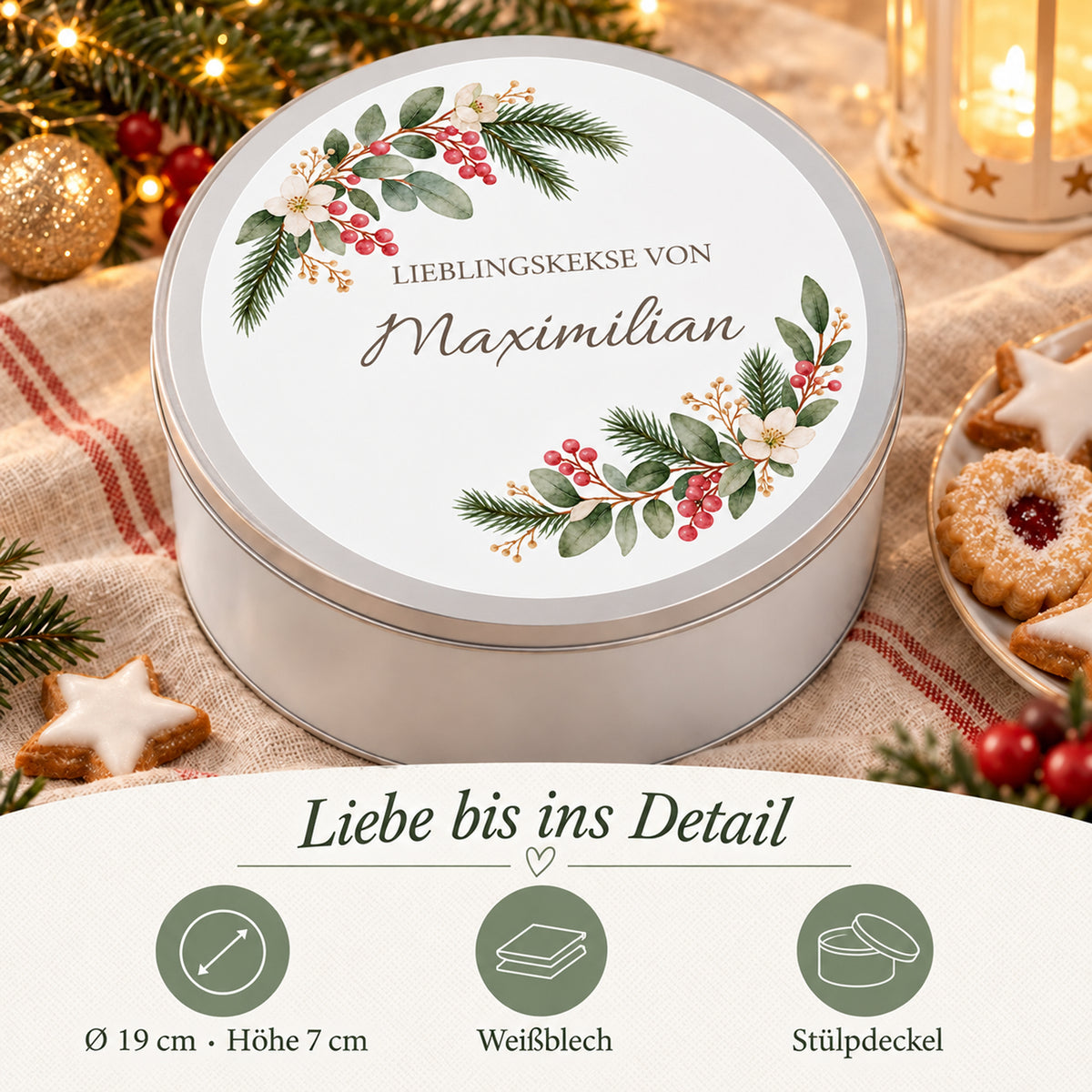 Weihnachtliche Keksdose mit Winterbeeren-Motiv und Angaben zu Material, Größe und Deckel