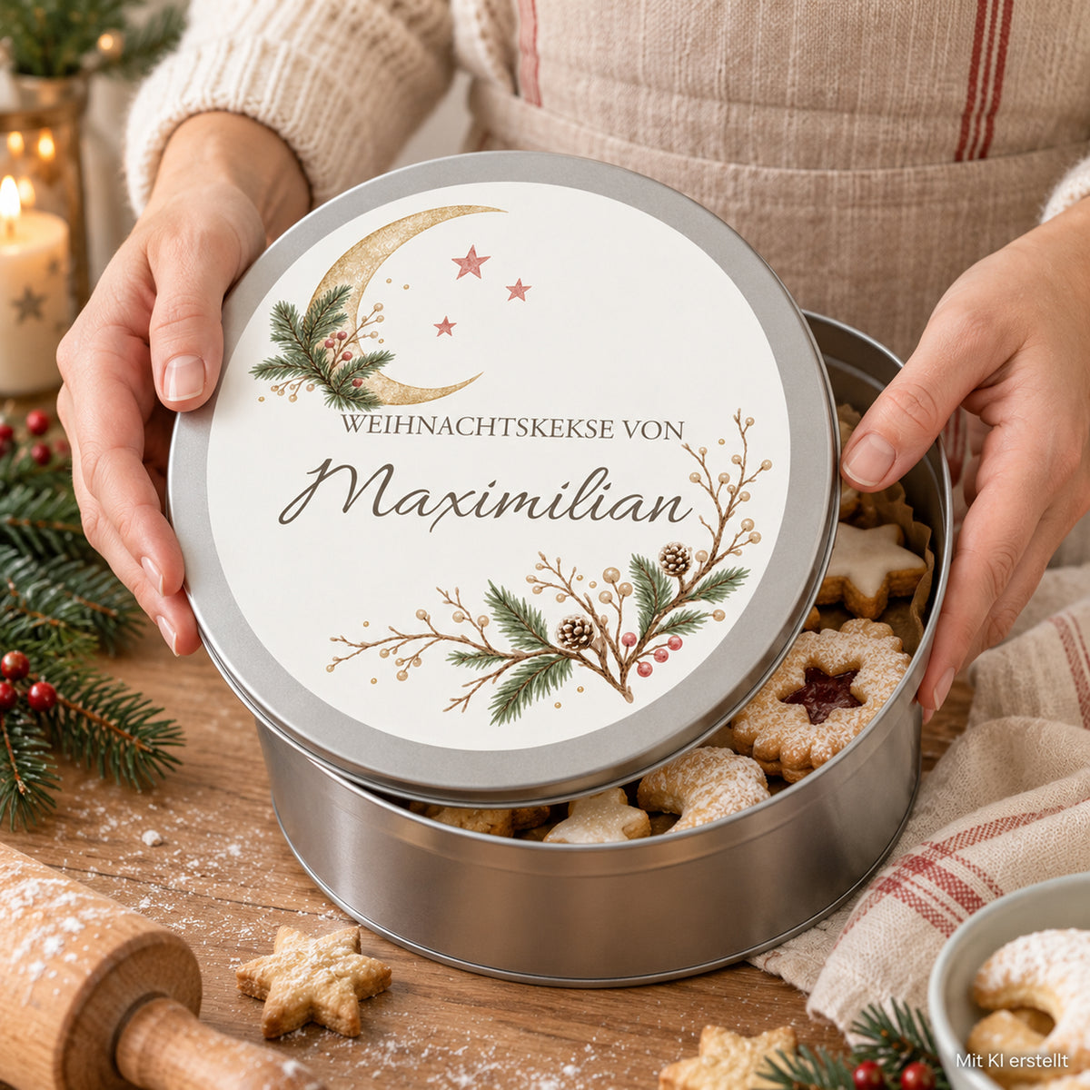 Hände zeigen die personalisierte Keksdose mit Mond & Tannenspitzen-Motiv an einem weihnachtlichen Backtisch