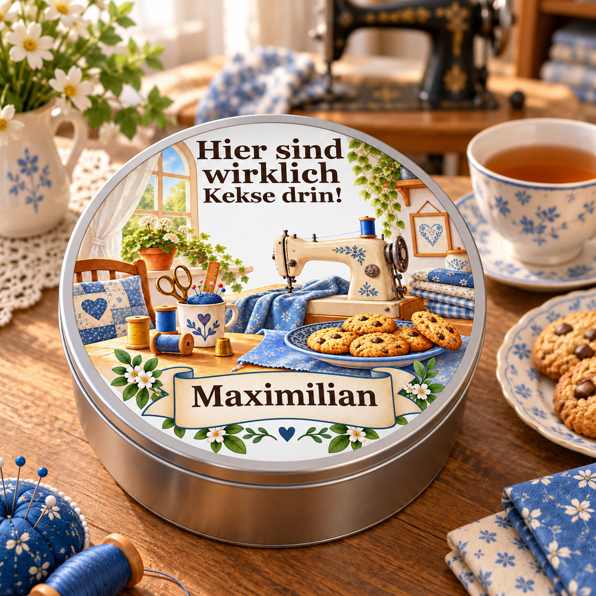 Personalisierte Keksdose mit Nähmaschine am Fenster in einem gemütlichen Nähatelier