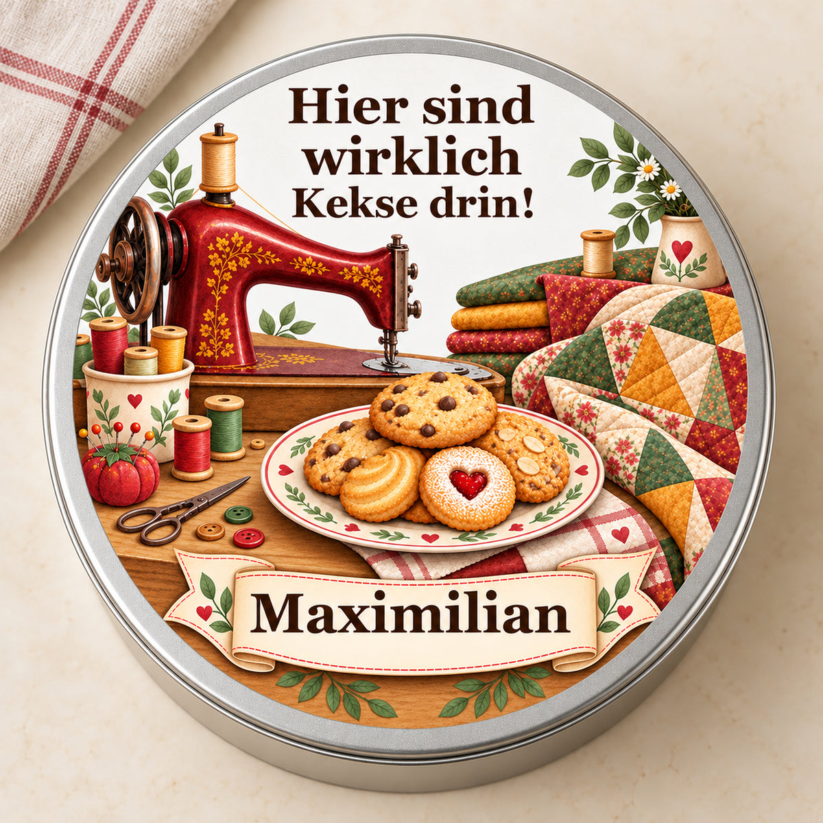 Keksdose mit weinroter Nähmaschine, Patchwork und Wunschname, Deckel auf hellem Tisch