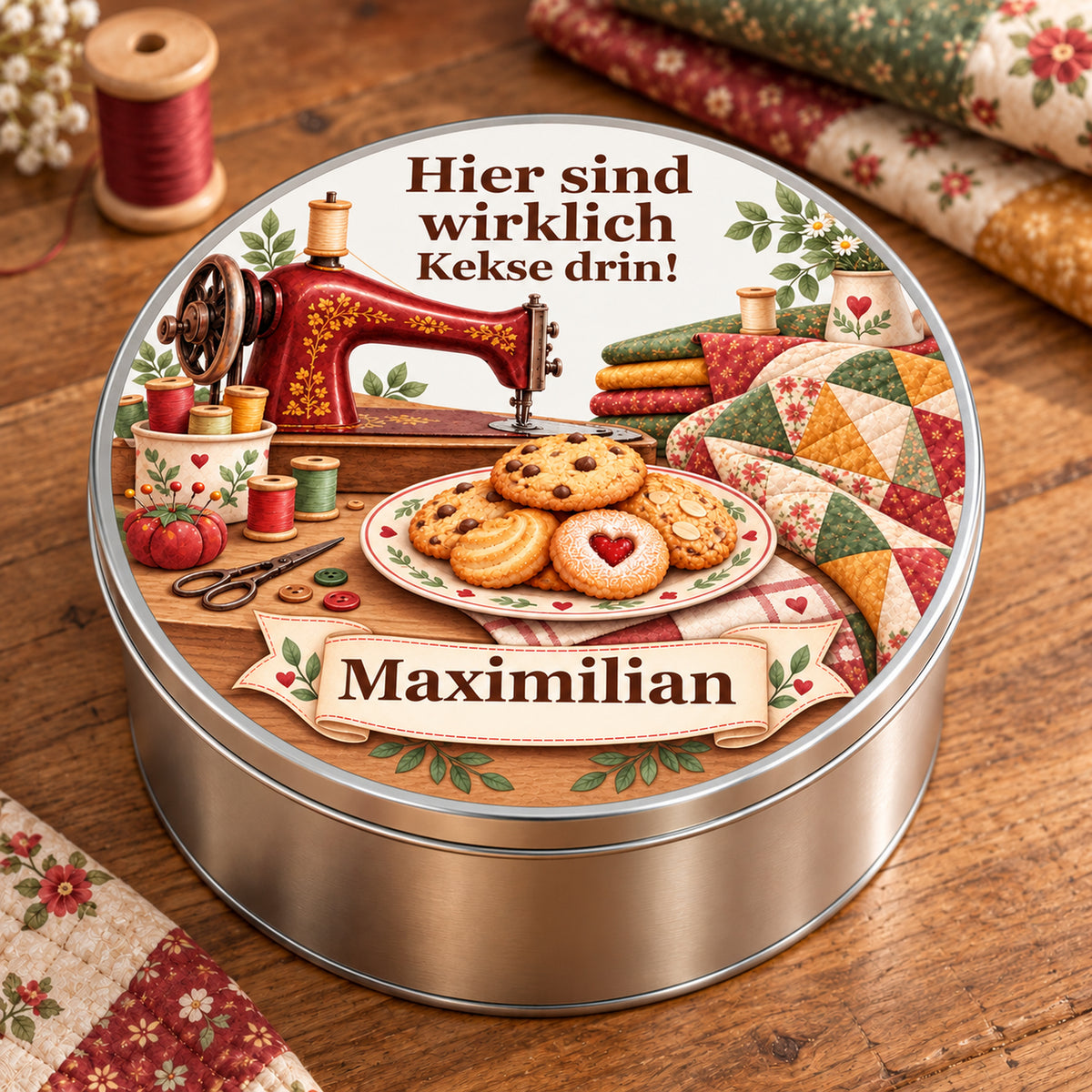 Keksdose mit weinroter Nähmaschine, Patchwork und Wunschname schräg auf einem Holztisch