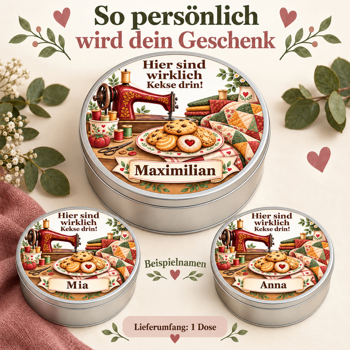 Keksdose mit weinroter Nähmaschine, Patchwork und verschiedenen Wunschnamen als Personalisierungsbeispiele