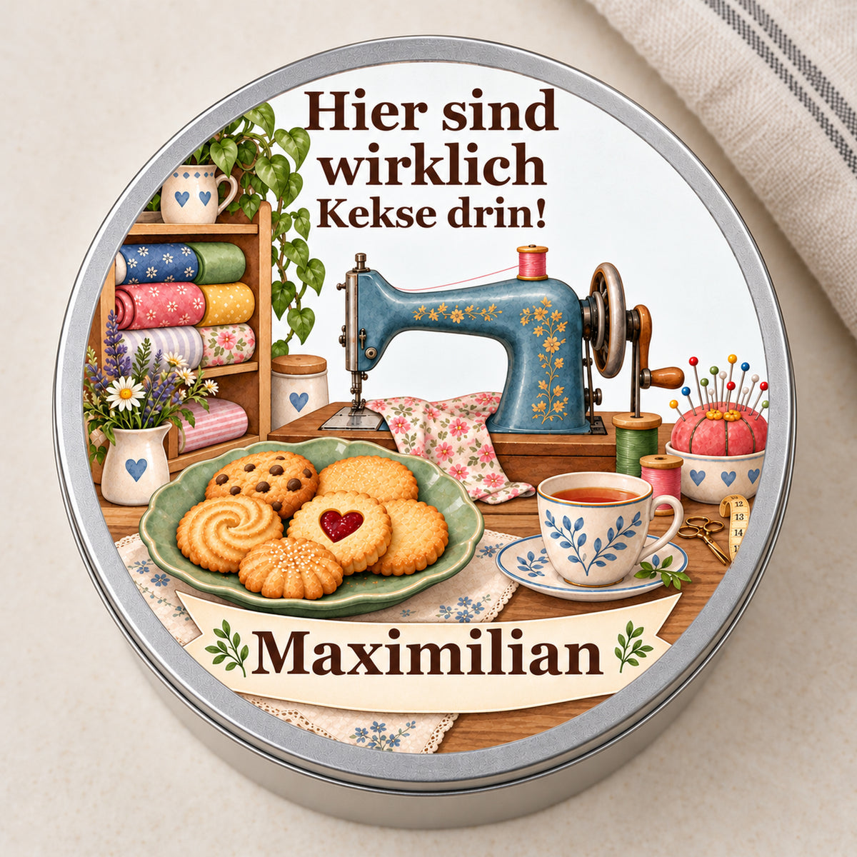 Keksdose mit blauer Nähmaschine und Wunschname, Deckel auf hellem Tisch