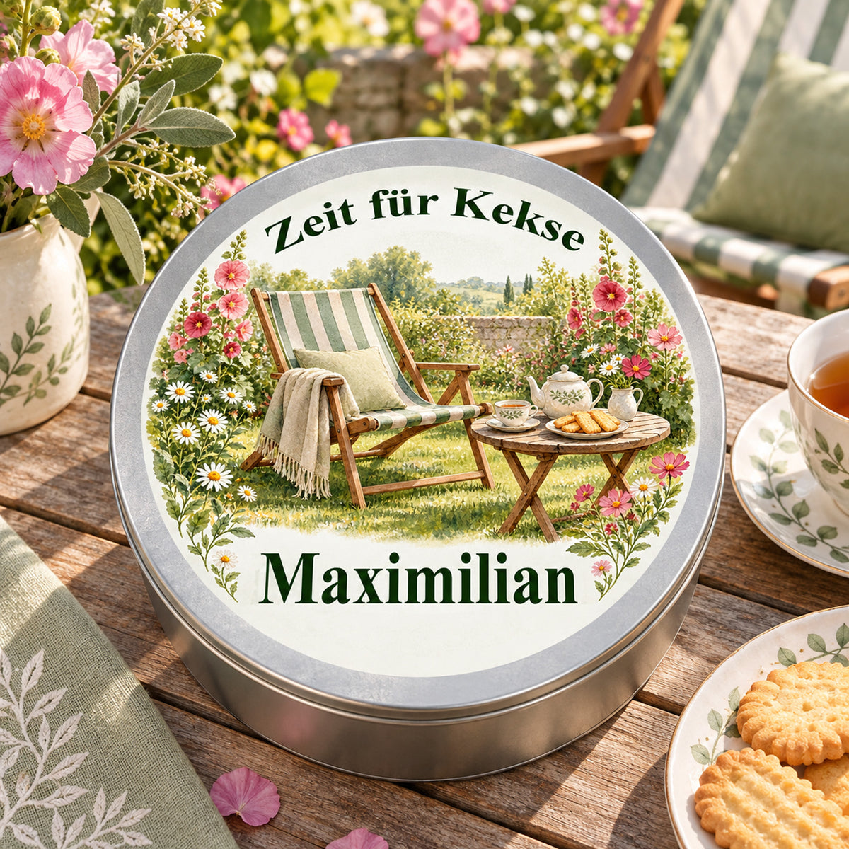 Draufsicht auf die personalisierte Keksdose mit Motiv Liegestuhl im Blütengarten auf einem Gartentisch