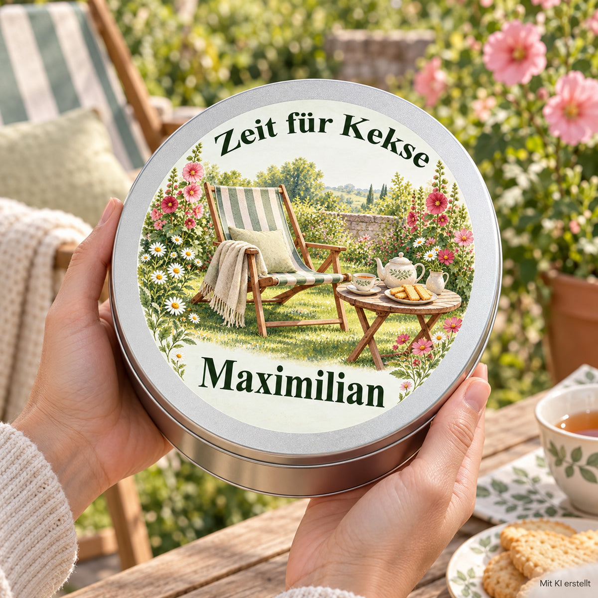 Erwachsene Hände halten die Keksdose mit Motiv Liegestuhl im Blütengarten im Garten