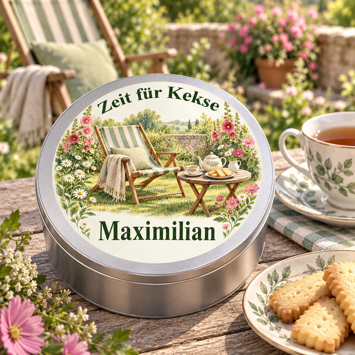 Keksdose mit Motiv Liegestuhl im Blütengarten neben Tee und Keksen in einer Gartenumgebung