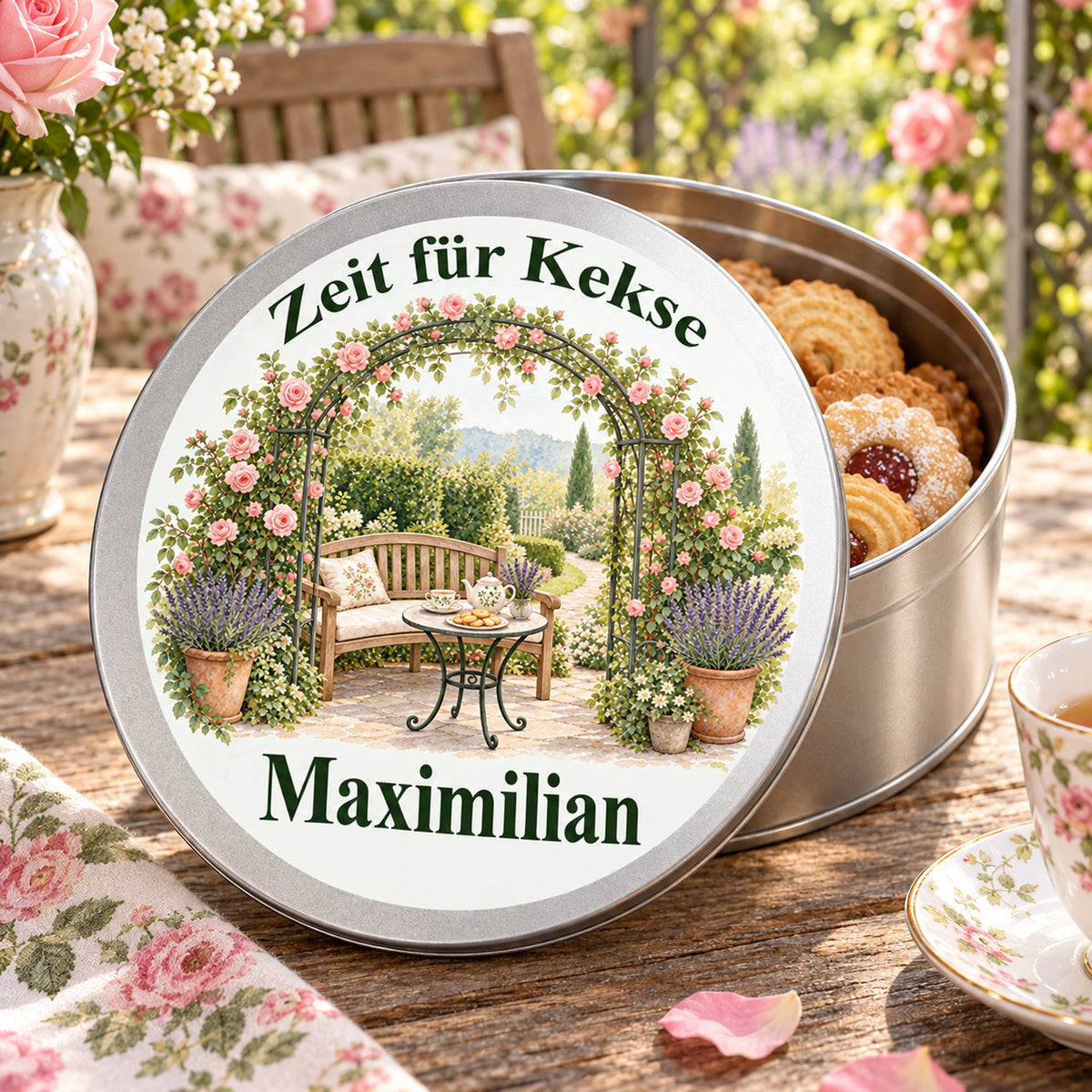 Offene Keksdose mit Keksen und daneben aufgestelltem bedrucktem Deckel mit Motiv Pause unter dem Rosenbogen