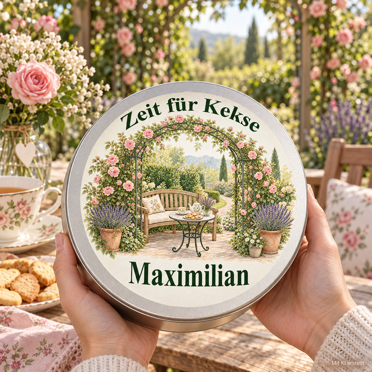 Erwachsene Hände halten die Keksdose mit Motiv Pause unter dem Rosenbogen im Garten