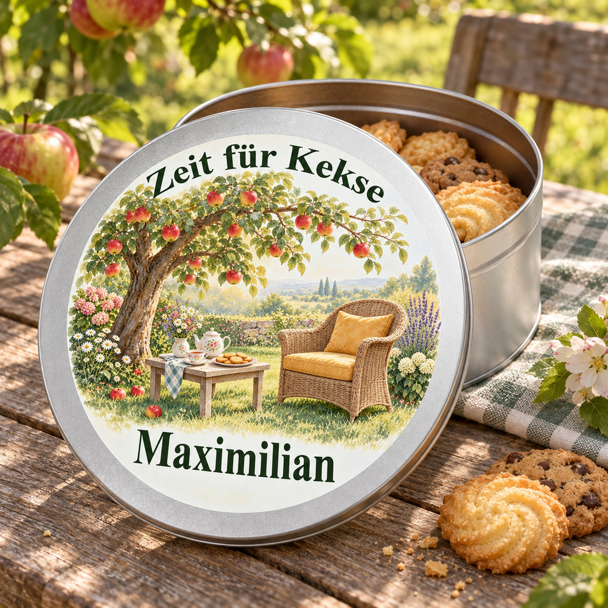 Offene Keksdose mit Keksen und daneben aufgestelltem bedrucktem Deckel mit Motiv Auszeit unter dem Apfelbaum