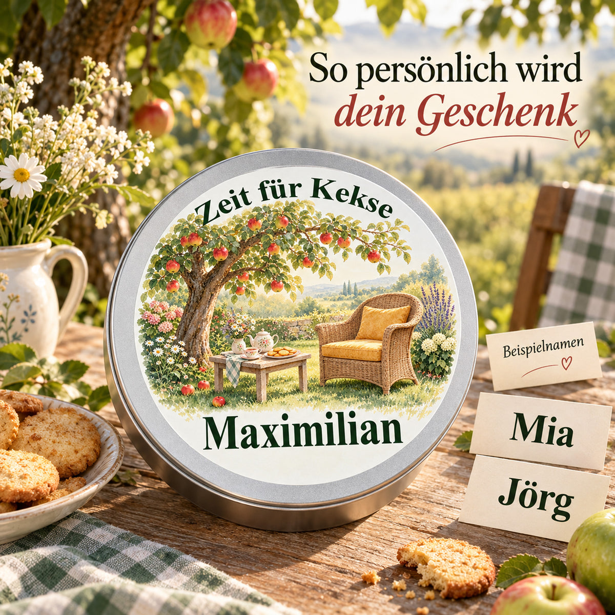 Personalisierte Keksdose mit Gartenmotiv Auszeit unter dem Apfelbaum und zwei Textkarten mit Beispielnamen