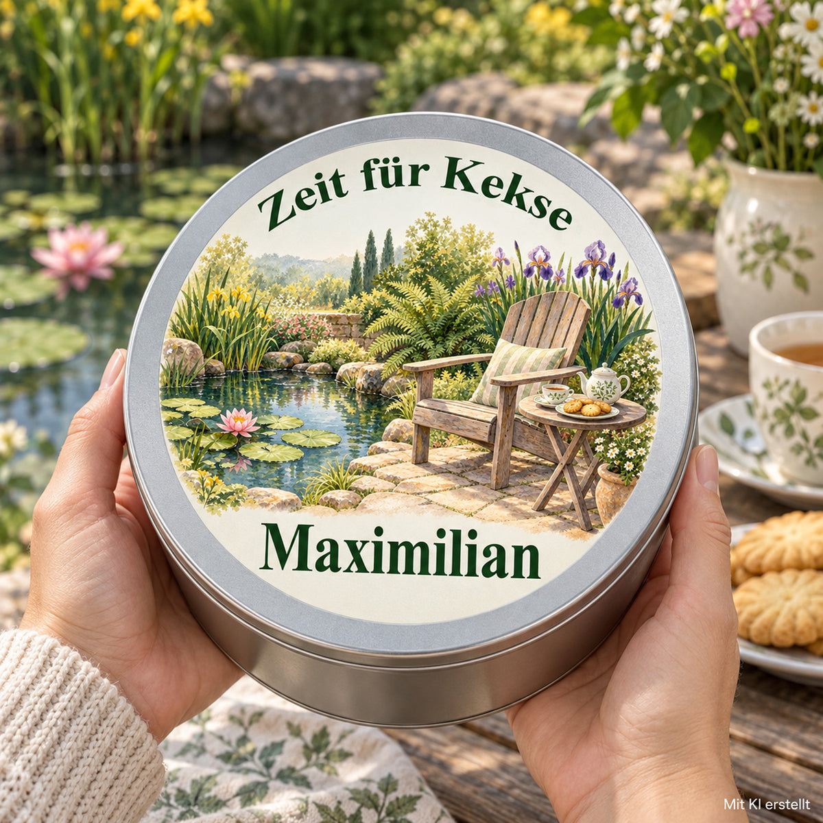 Erwachsene Hände halten die Keksdose mit Motiv Kekspause am Gartenteich im Garten
