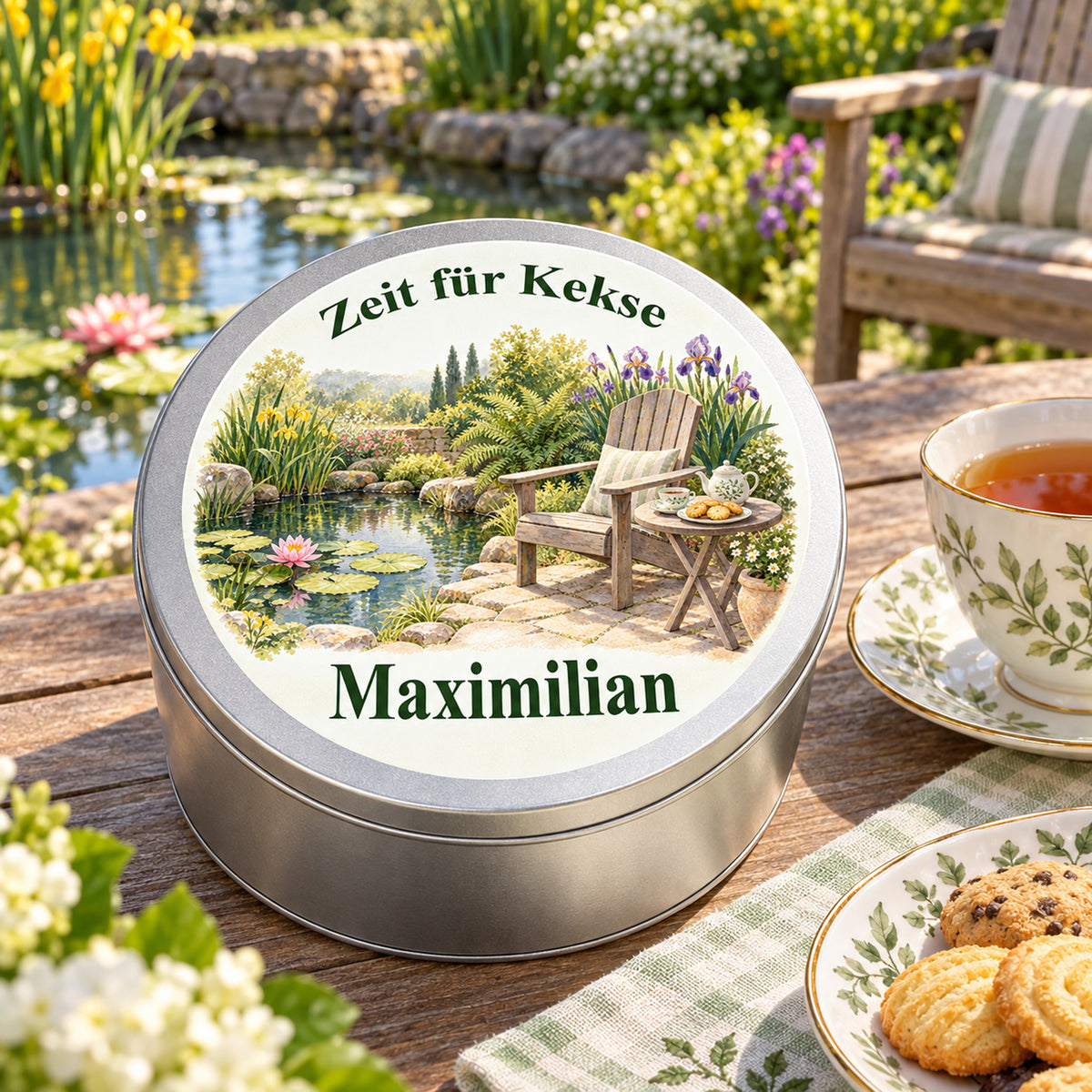 Keksdose mit Motiv Kekspause am Gartenteich neben Tee und Keksen in einer Gartenumgebung